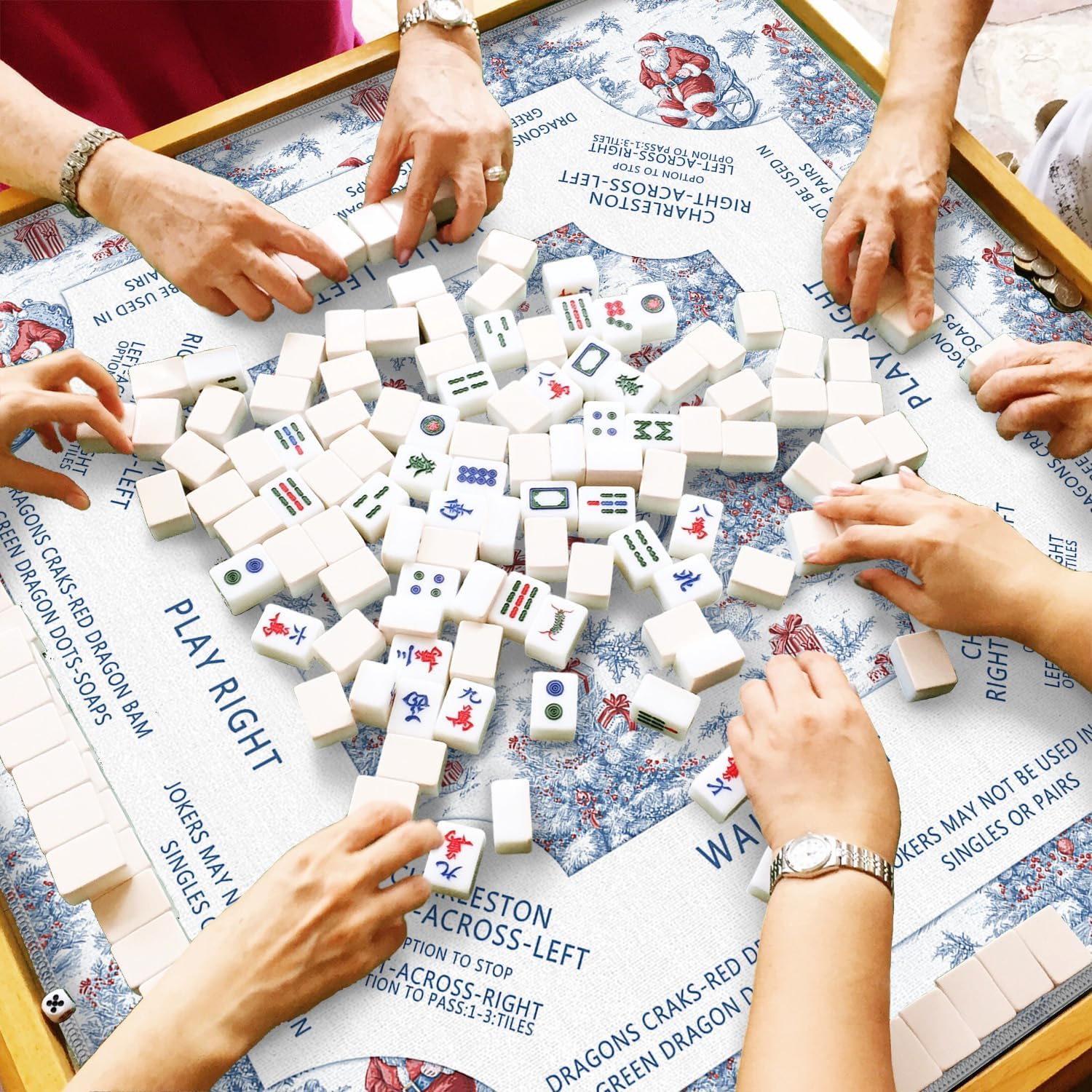 Red and Blue Chinoiserie Christmas Mahjong Mat 31.5 x 31.5 in, Grandmillennial Christmas Tree Santa Anti Slip and Noise Reduction Game Table Cover for Mahjong Dominoes Card Board Tile Games