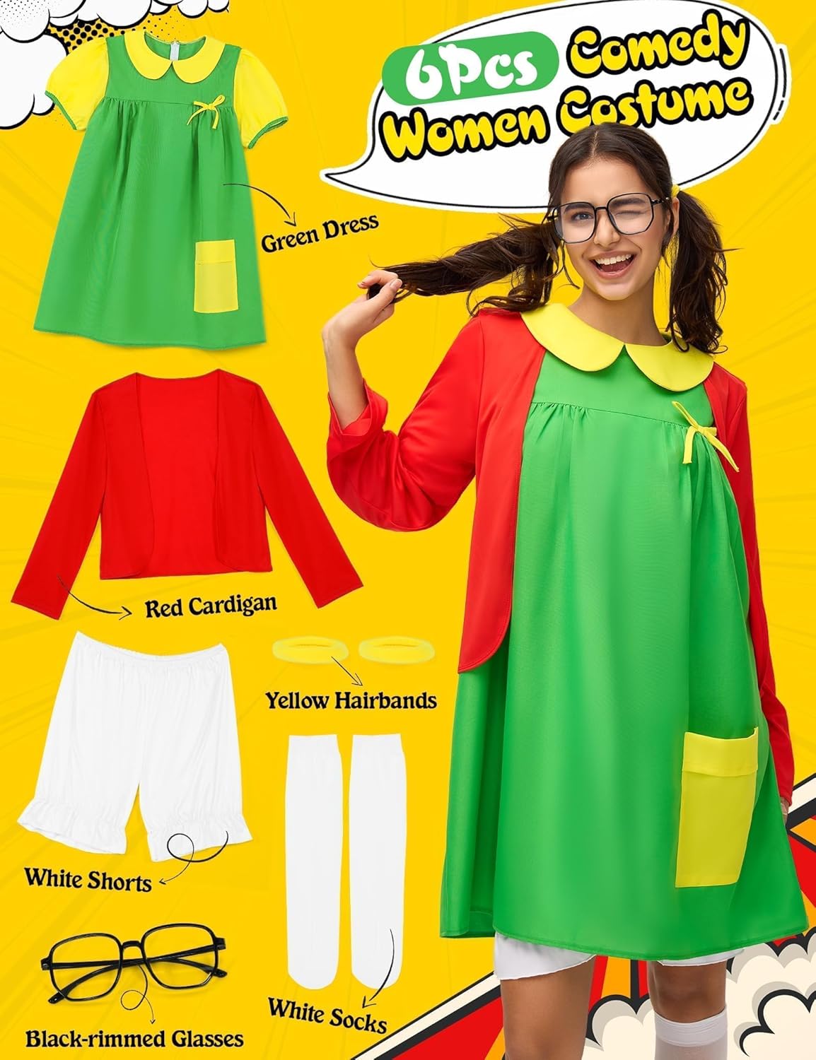 Halloween Costume Women Adult 6pcs Set Funny Cute Outfit Red Green Dress Costumes Plus Size Mexican Comedy Cosplay Party
