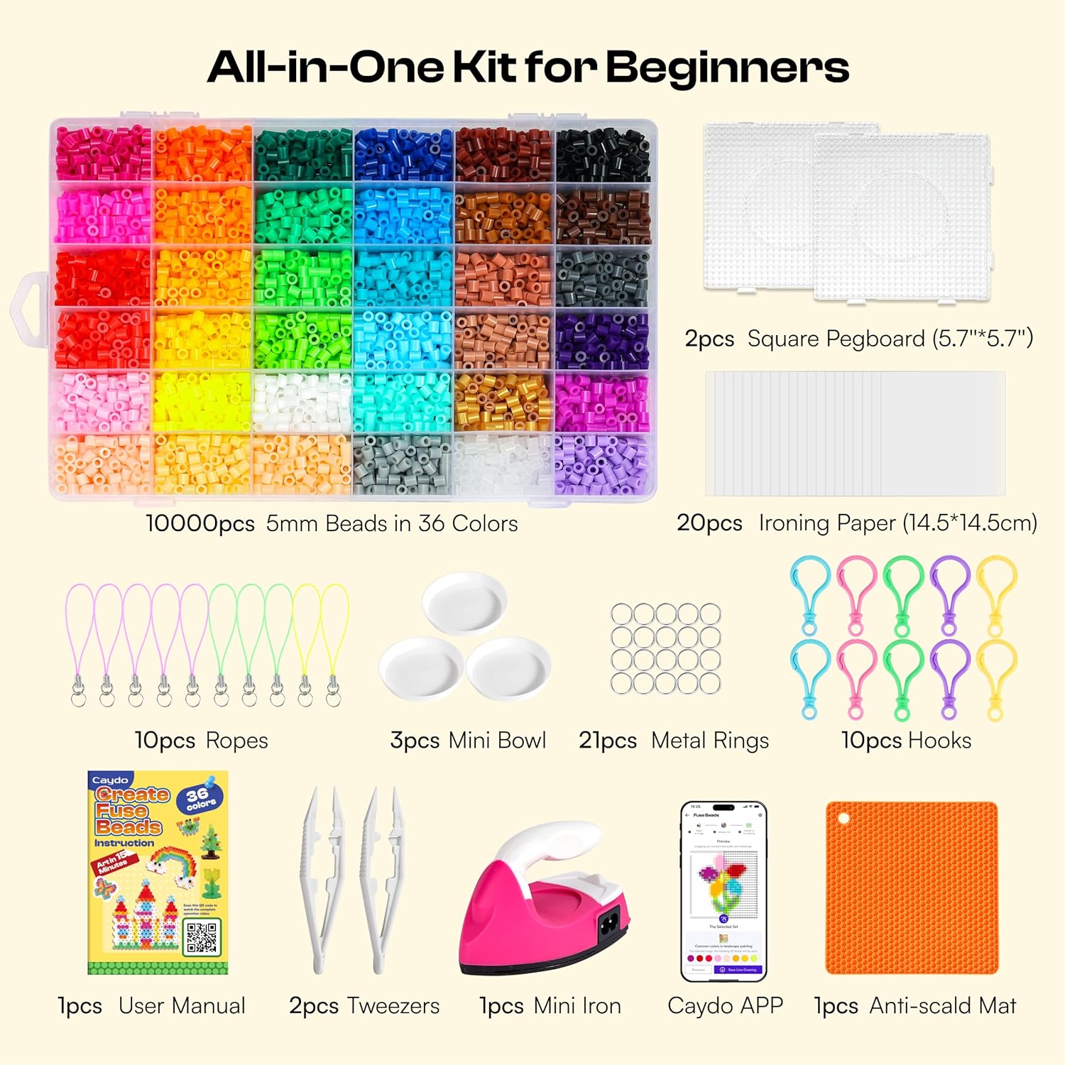 Caydo Fuse Beads Iron Kit with Design App & 200+ Patterns for Beginners, 10500pcs 36 Colors 5mm Iron Beads for Kids Kit, Customizable Melting Bead Kit for 5-12 Girls DIY Craft Gift - Image 8