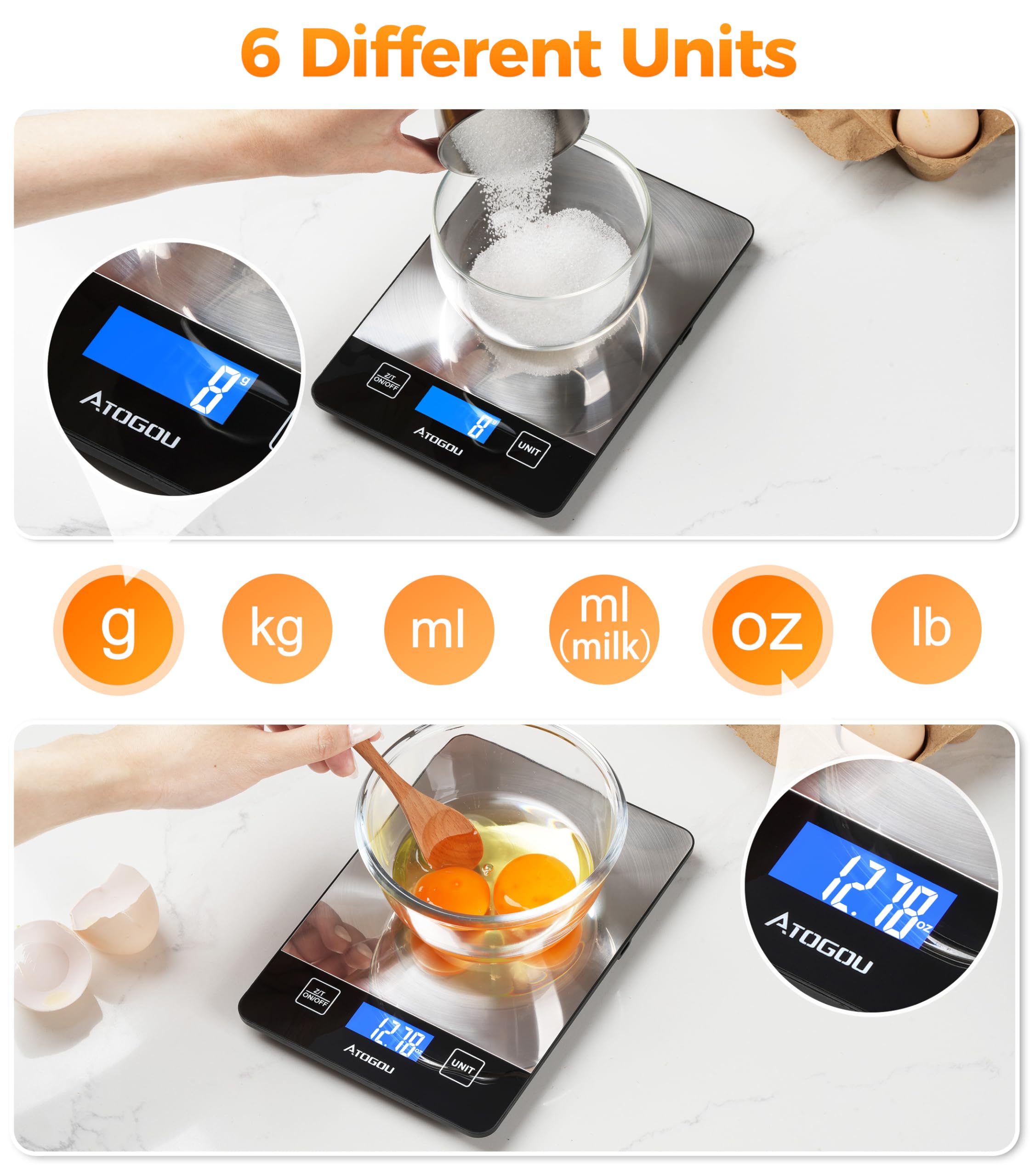 ATOGOU Báscula de cocina recargable con pantalla LCD retroiluminada de visión completa, superficie de acero inoxidable impermeable, carga USB o pilas AAA (no incluidas), para hornear, cocinar