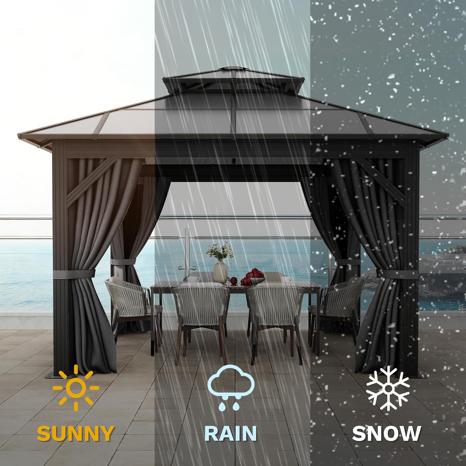 Image illustrating the gazebo's ability to withstand sunny, rainy, and snowy conditions.