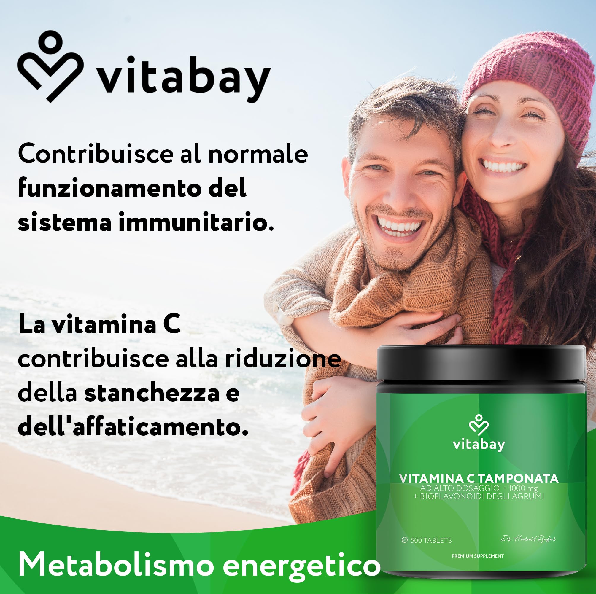 Vitabay Vitamina C 1000 mg - 500 Compresse di Vitamina C Naturale con Bioflavonoidi di Agrumi (50 mg) a Rilascio Prolungato - Vegana e ad Alto Dosaggio - Acido Ascorbico (60%) - Testata in Laboratorio