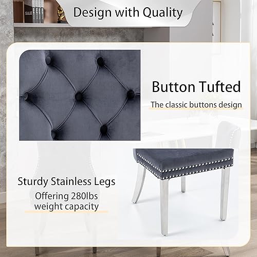 Miniatura 7 de Juego de 2 sillas de comedor, sillas de terciopelo copetudas con patas modernas de acero inoxidable, anillo de metal con ribete de remache, respaldo