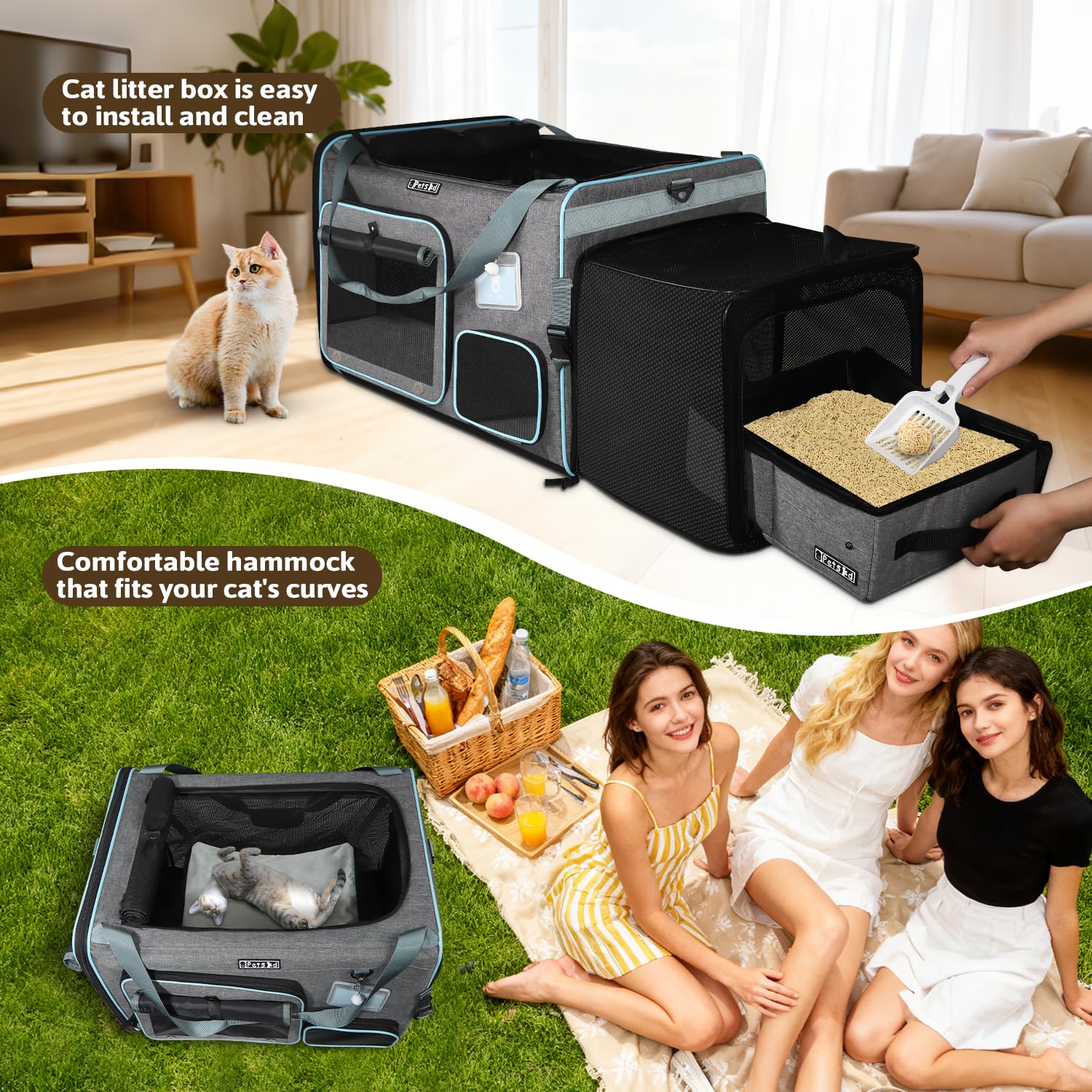 Petskd Side Expandable Extra Large Cat Car Carrier with Collapsible Litter Box for Long Distance Travel,24"x17"x17" Portable Soft Sided Pet Carrier with Roller Shades for 2 Cats Up to 55LBS(Grey) - image 7
