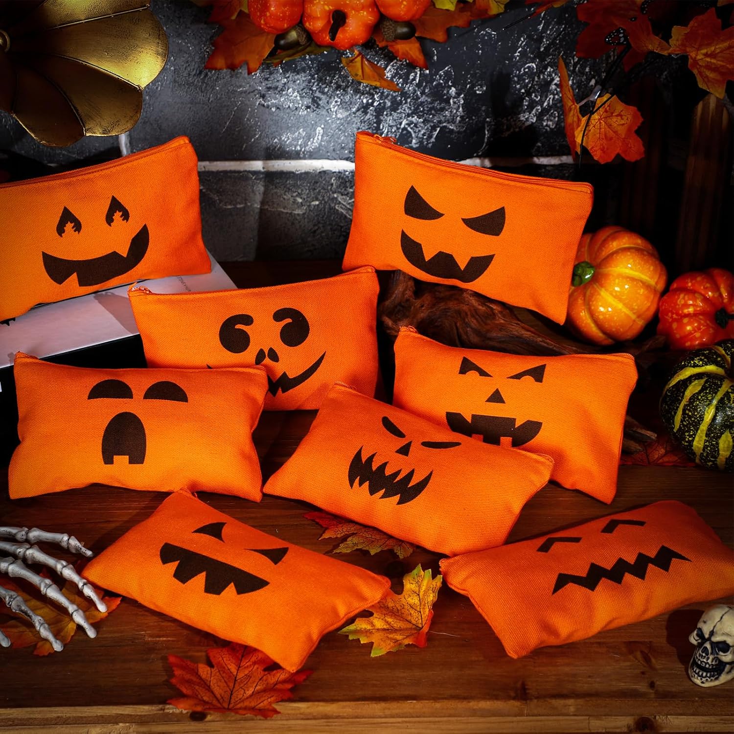 Sweetude 30 Pcs Halloween Makeup Bags Bulk Orange Halloween Cosmetic Bags Pumpkin Gift Bag Pouch Travel Purse Toiletry Organizer with Zipper for Women Team Party Favors (15 Styles)