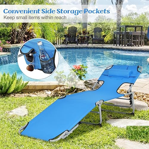 Miniatura 4 de GYMAX Silla de bronceado, silla de playa con orificio facial, respaldo ajustable de 5 niveles, almohada extraíble y asa de transporte, silla de baño