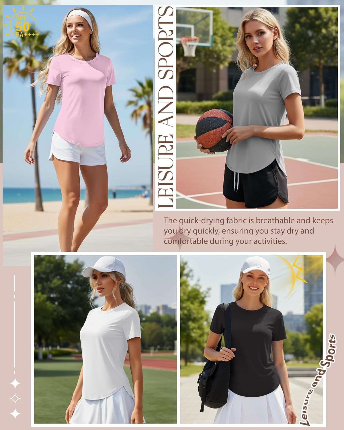 4 Pack Women's Workout Shirts UPF 50+ Athletic Breathable Short Sleeve Tops Quick Dry Split Hem Running Gym Yoga Tee - Image 3