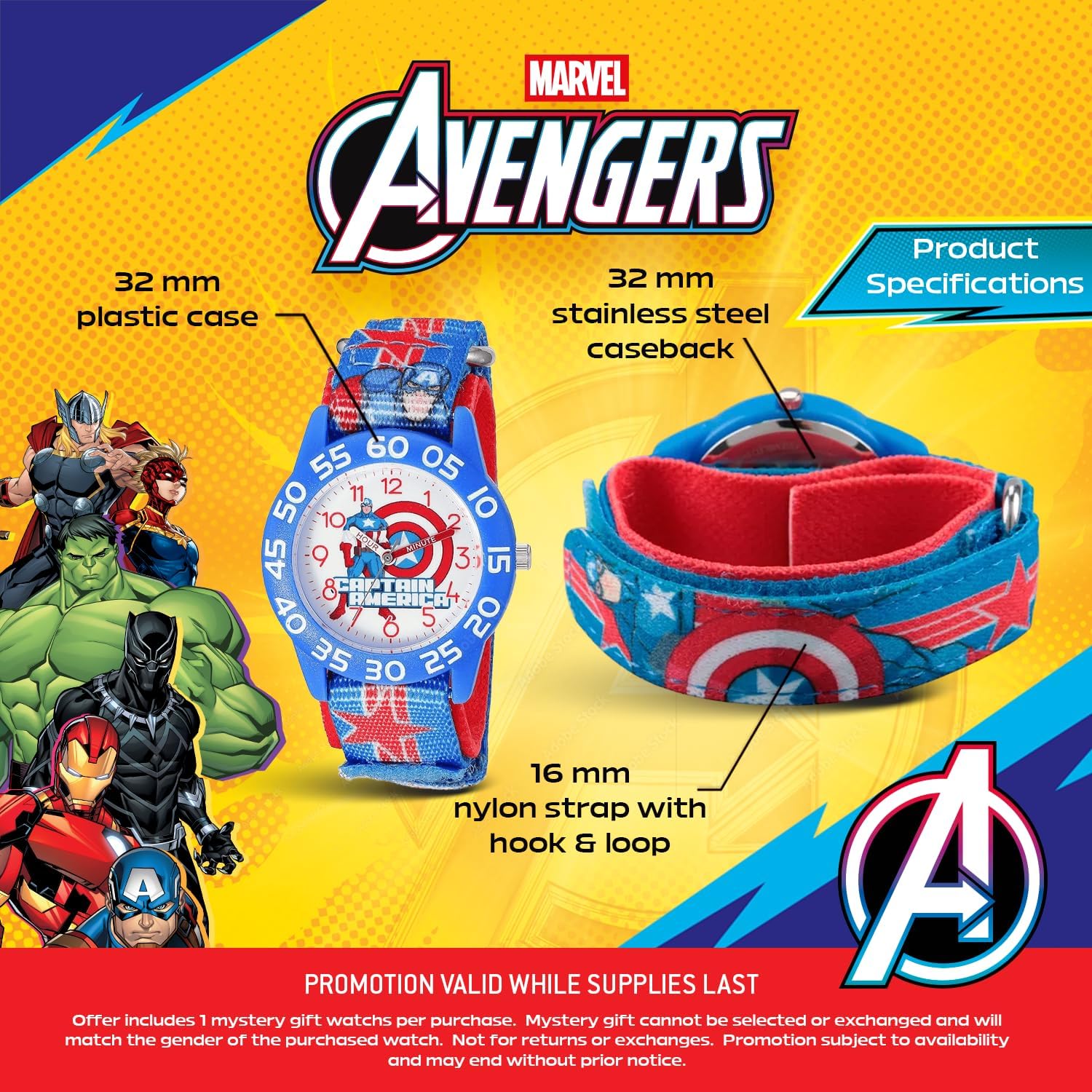 Marvel Captain America Watch for Boys 3–7, Featuring Avengers Shield Dial and Character Graphic – Gift for Kids – Blue Bezel, Blue Nylon Strap with Character - Buy and GET 1 Free Mystery Watch - Image 4