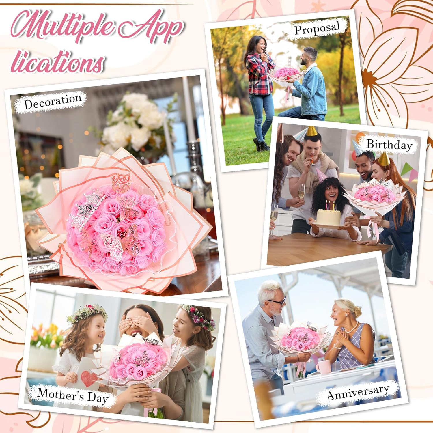 36 Pcs Valentines Glitter Roses Bouquet Gifts Artificial Rose DIY Flower Bouquet Kit Birthday Gifts Flower Wrapping Paper 3D Butterflies Crowns for Anniversary (Pink) - Image 6