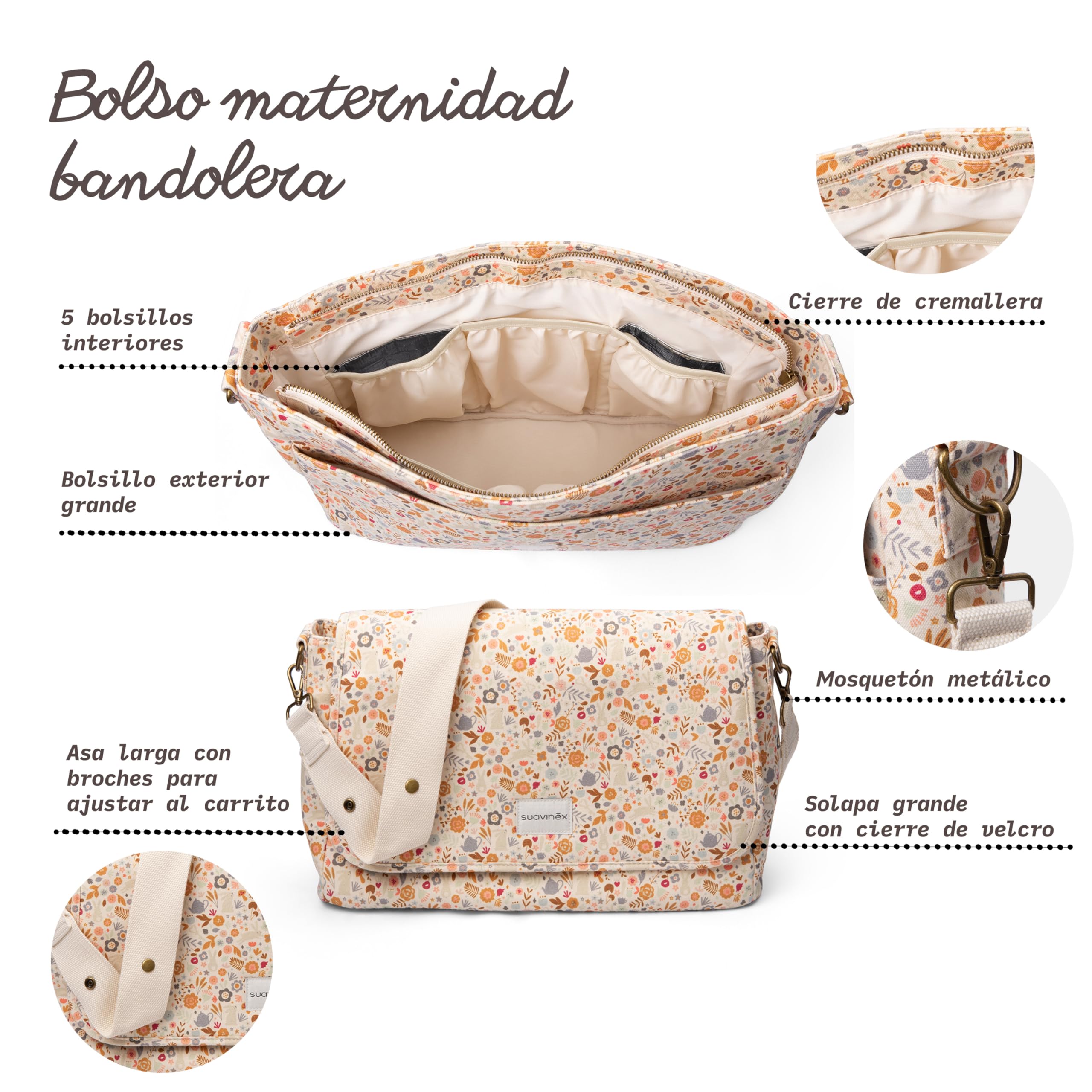 Suavinex, Bolso Maternidad Bandolera, Bolso Carro Bebé de Gran Capacidad, Asas Ajustables al Carrito, Solapa y Cierre de Cremallera, Impermeable, con Bolsillos Interiores