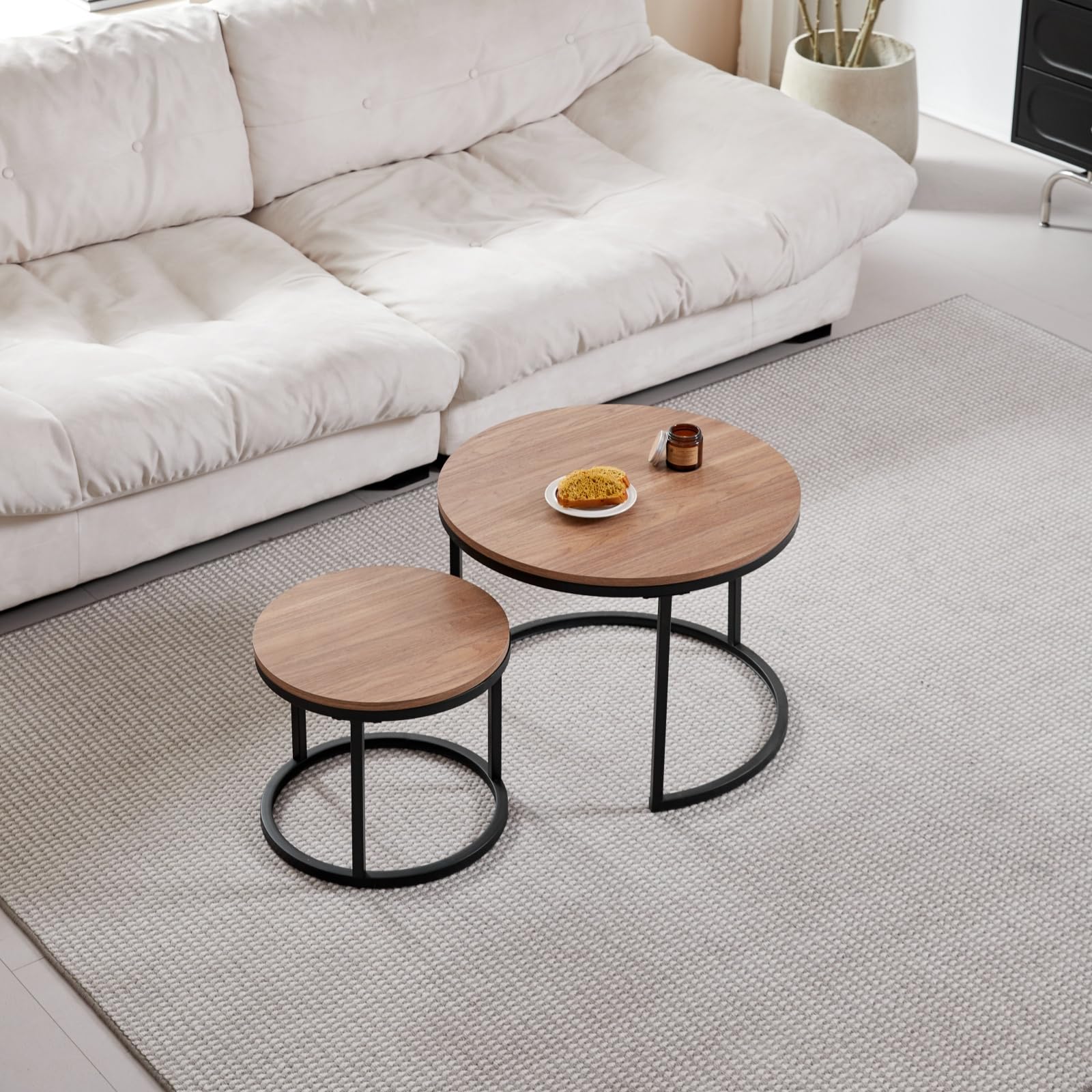 Set de 2 Tables Gigognes Rondes, Tables Basses, Grande : 60 x 60 x 45 cm ; Petite : 40 x 40 x 35 cm, Marron Foncé