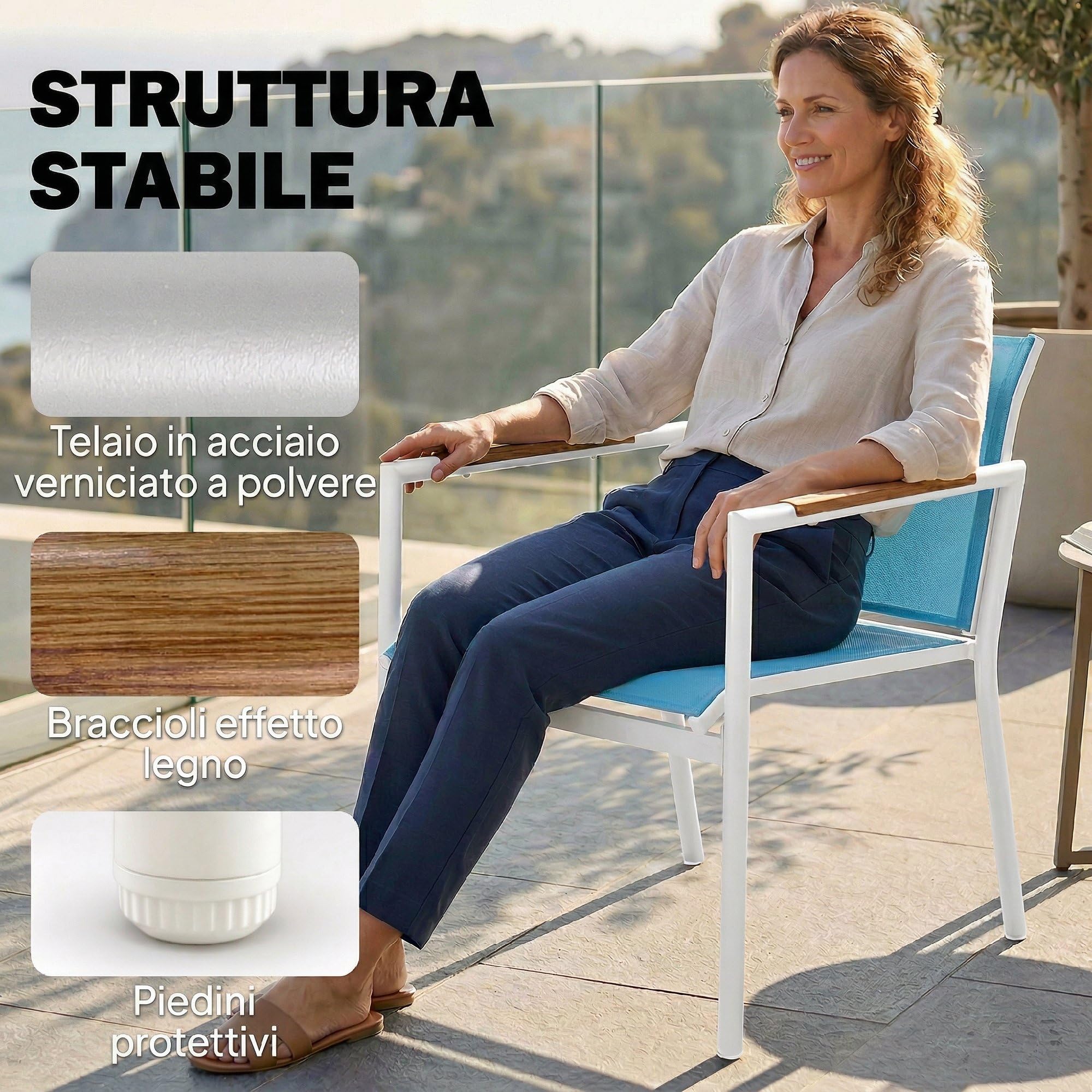 Outsunny Set Salotto da Giardino 4 Pezzi Salottino Esterno Blu | Texteline Traspirante, Divano 2 Posti, 2 Poltrone, Tavolino con Piano Metallo, Set Metallo per Patio