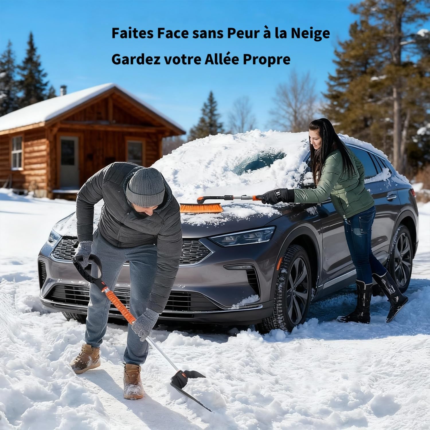 120CM Brosse à Neige pour Voiture - Grattoir à Glace de Pare Brise - Pelle à Neige avec Manche Extensible et Poignée en Mousse - Ensemble de Balai à Neige pour Voiture, SUV, Camion, Orange