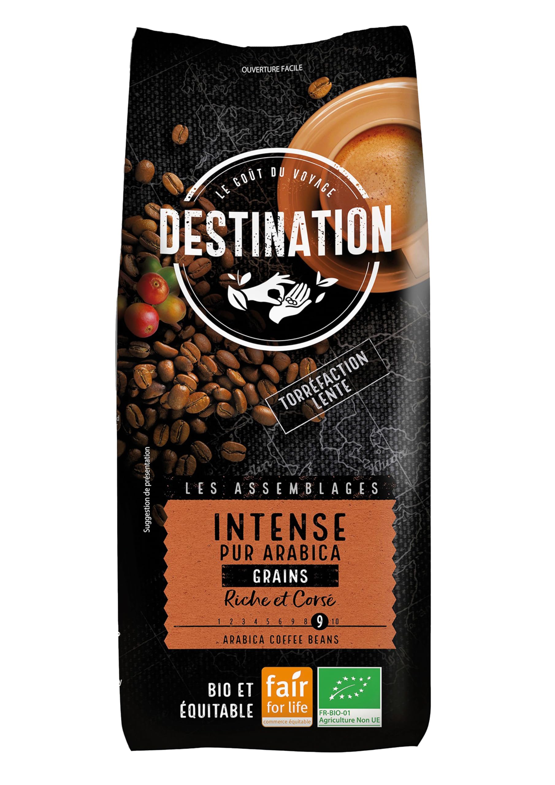 Destination - Café Ecológico Comercio Justo en Grano - 1 kg - Café Especialidad 100% Pur Arábica - Café Orgnánico - Tostado Artesanalmente - Ideal solo o con leche - Intensidad Muy Alta