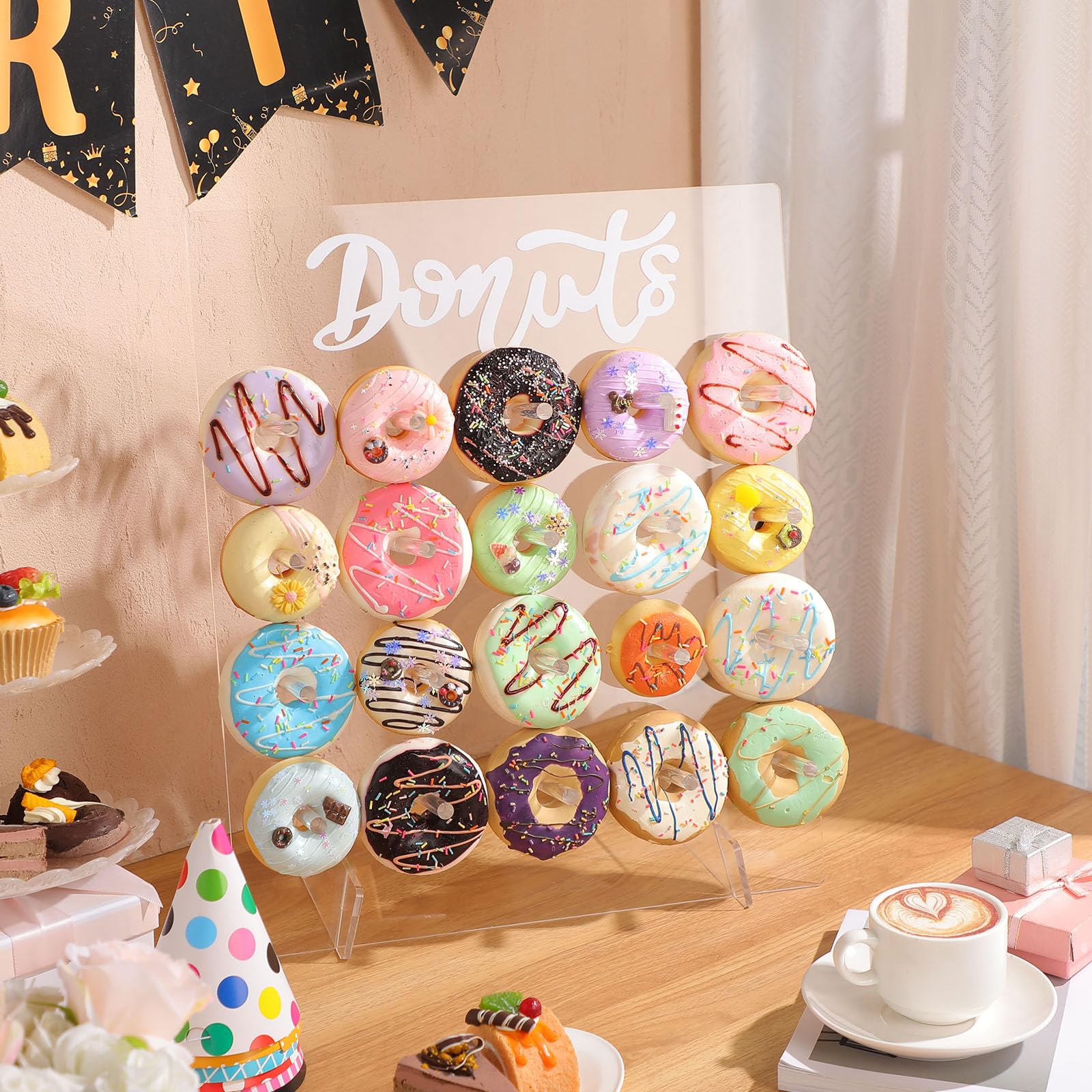 Soporte de exhibición de donas de acrílico reutilizable para 20 clavijas de 17.7 x 15 pulgadas, tablero de donas para mesa de postre, donas, decoración de fiesta de cumpleaños para fiesta de