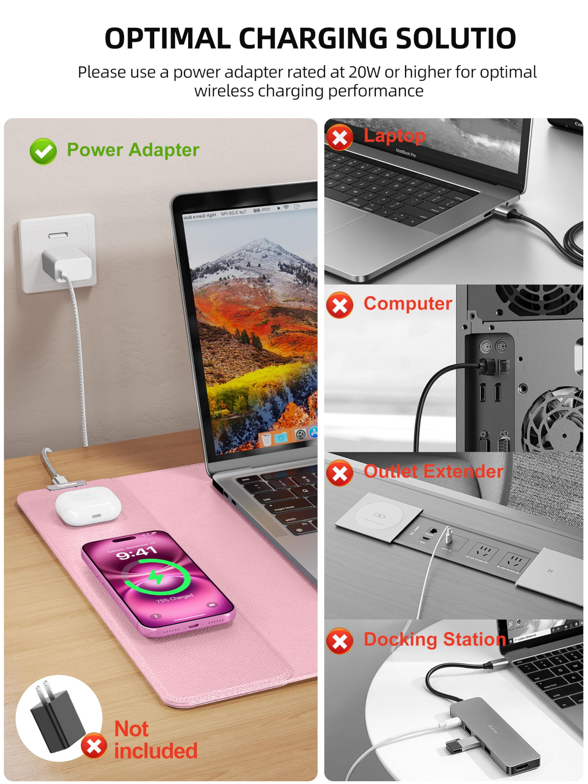 TopMade Alfombrilla de mouse con carga inalámbrica de 15 W, alfombrilla de escritorio de cuero grande XXL, impermeable, para juegos, hogar, oficina, escritorio, protector de teclado de computadora