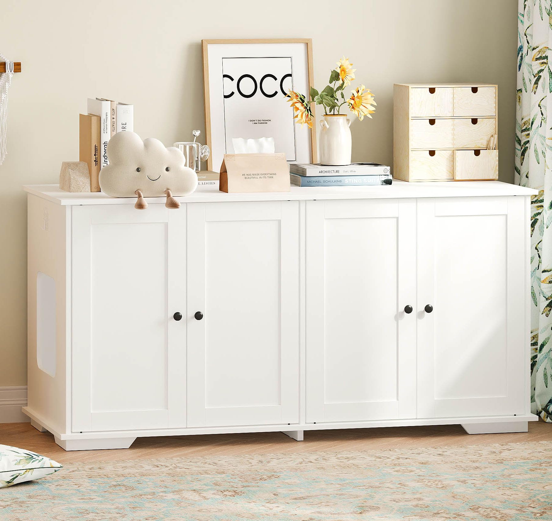 Lovinouse Cat Kitty Litter Box Enclosure, Large Hidden Decorative Litterbox Cabinet Furniture with Magnetic Doors, Cat Hole and Raised Bottom for 2