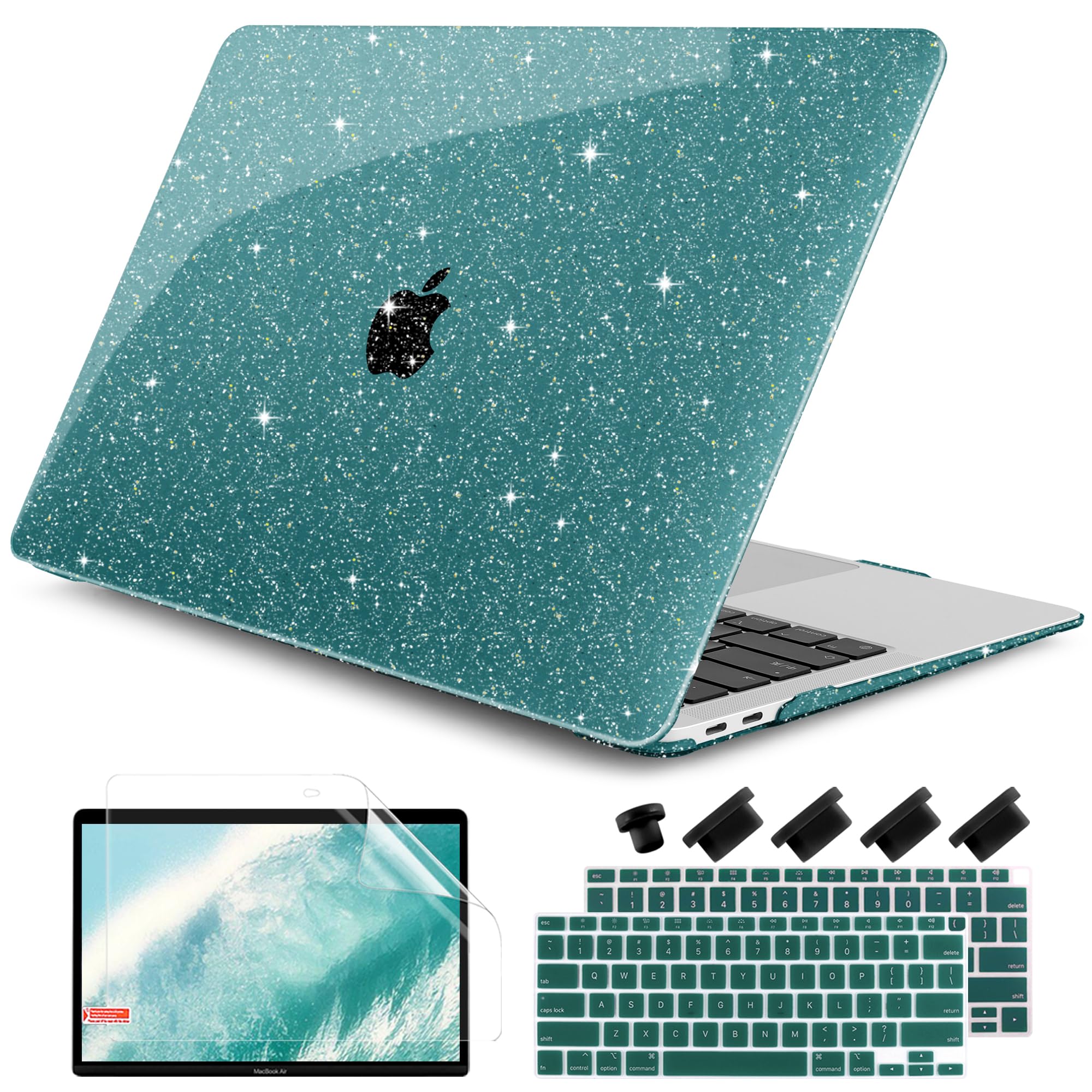 DONGKE MacBook Air 13インチケース 2021-2018年リリース A2337 M1 A2179 A1932 キラキラプラスチックハードシェルケース & キーボードカバー MacBook Air 13インチRetinaのみに対応 Touch ID対応 キラキラティール
