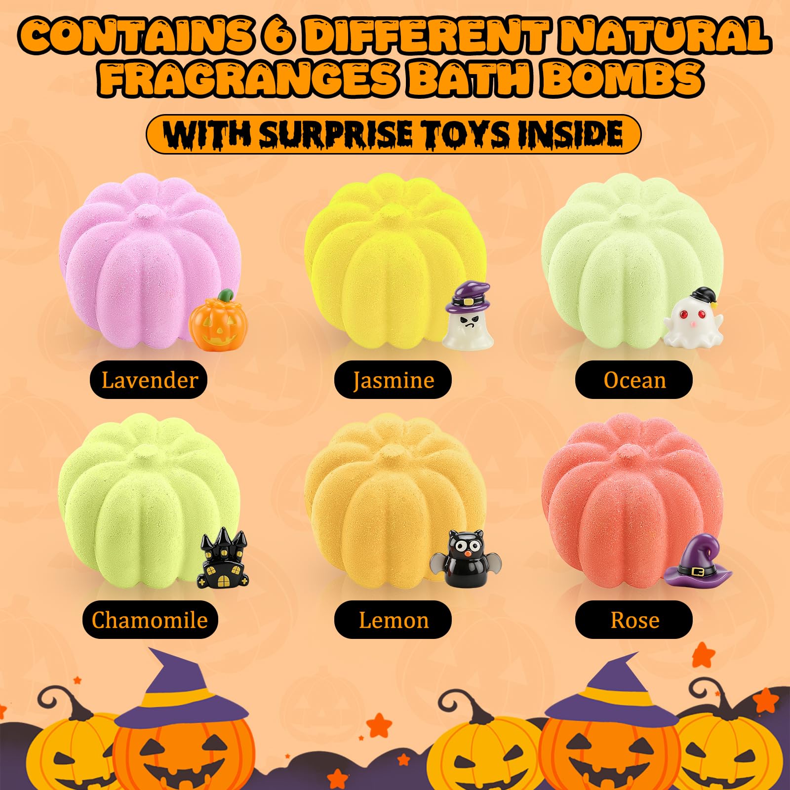 Bombas de baño de Halloween con juguetes sorpresa | 6 bombas de baño con forma de calabaza, fórmula con sales de baño, sorpresa de baño para Halloween