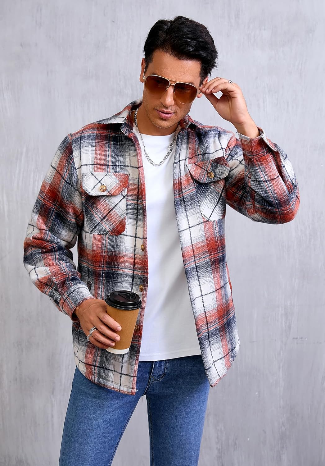 Men's Cotton Sherpa Lined Button Down Flannel Shirt Jacket Plaid Soft Outdoor Flannel Jacket Shirt - Image 2