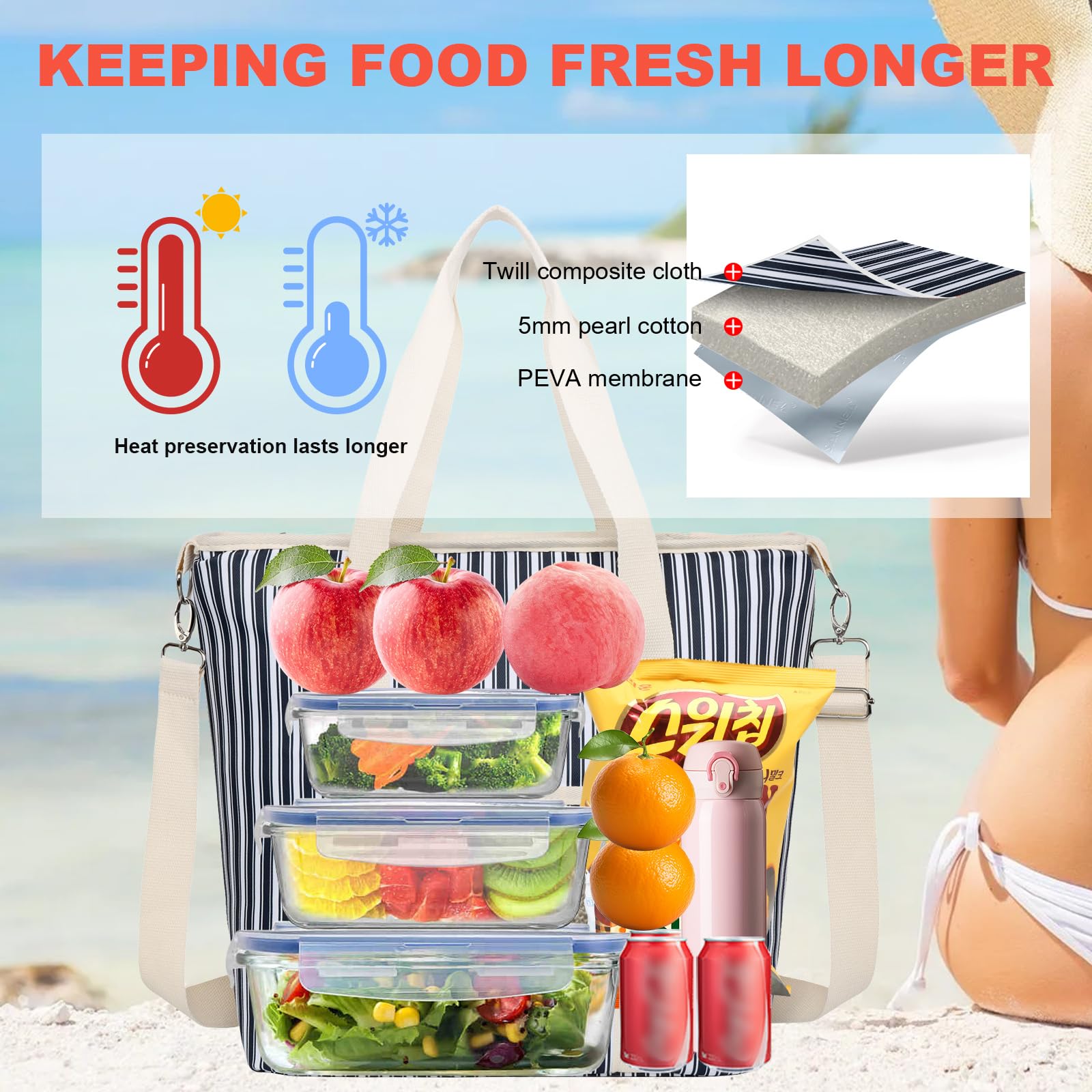 Nanxson 9L/15L/29L Large Insulated Lunch Bag for Women Adult Reusable Leakproof Picnic Lunch Box Freezable Cooler Tote Bag (29L,B-Navy Stripe) - Image 3