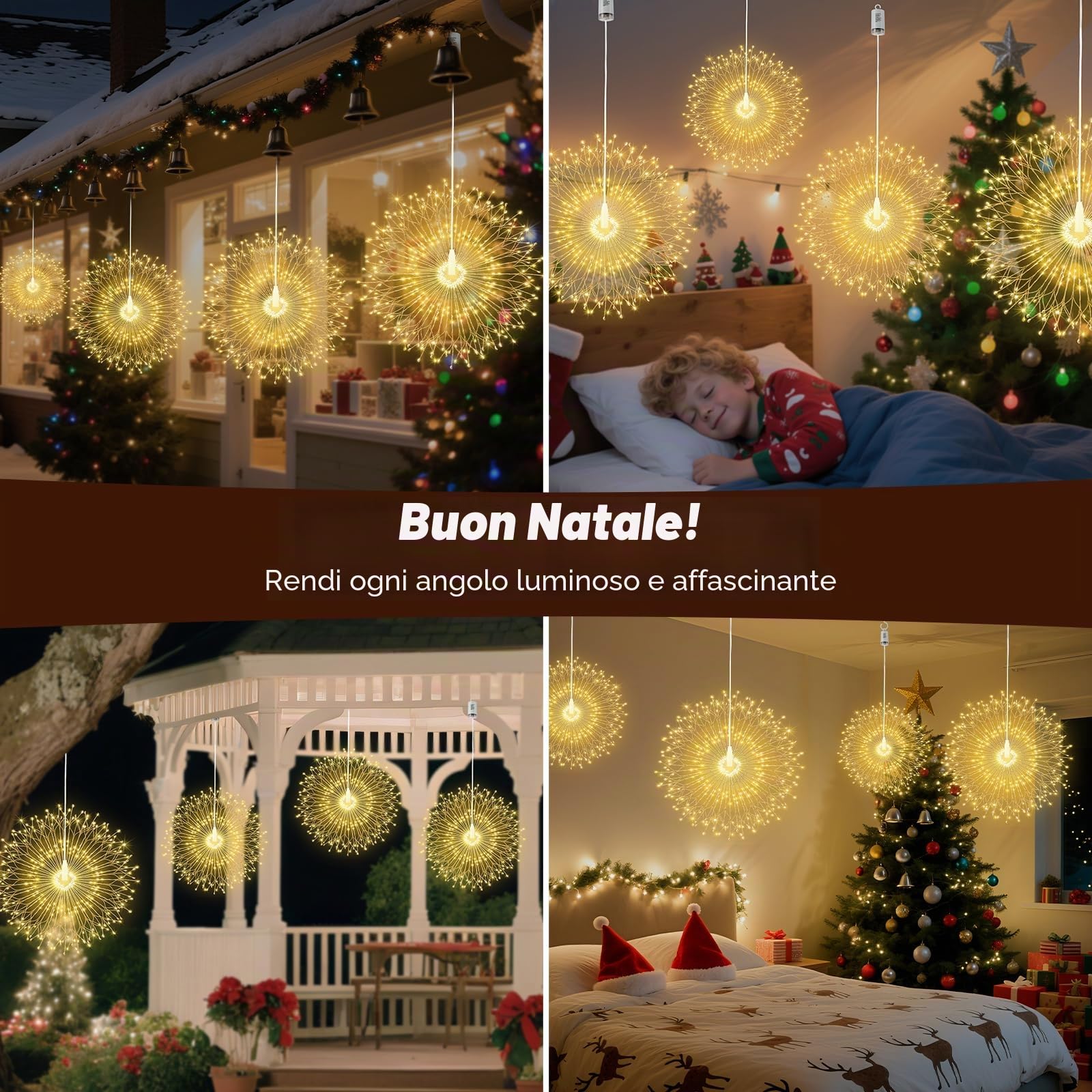 Lewondr Luci Fuochi D'Artificio Natalizi, 4PCS 210 LED Luci Appendibili Fate Con Telecomando, 8 Modalità, Luci A Stringa Stelle Impermeabili Per Interni Esterni Decorazione, Bianco Caldo