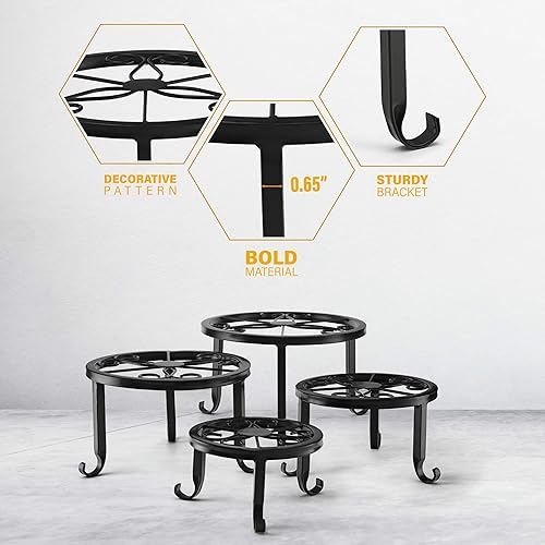 Miniatura 6 de CABASAA Soportes de metal para plantas de hierro, maceta redonda, soporte resistente para macetas para interiores y exteriores, paquete de 4 con