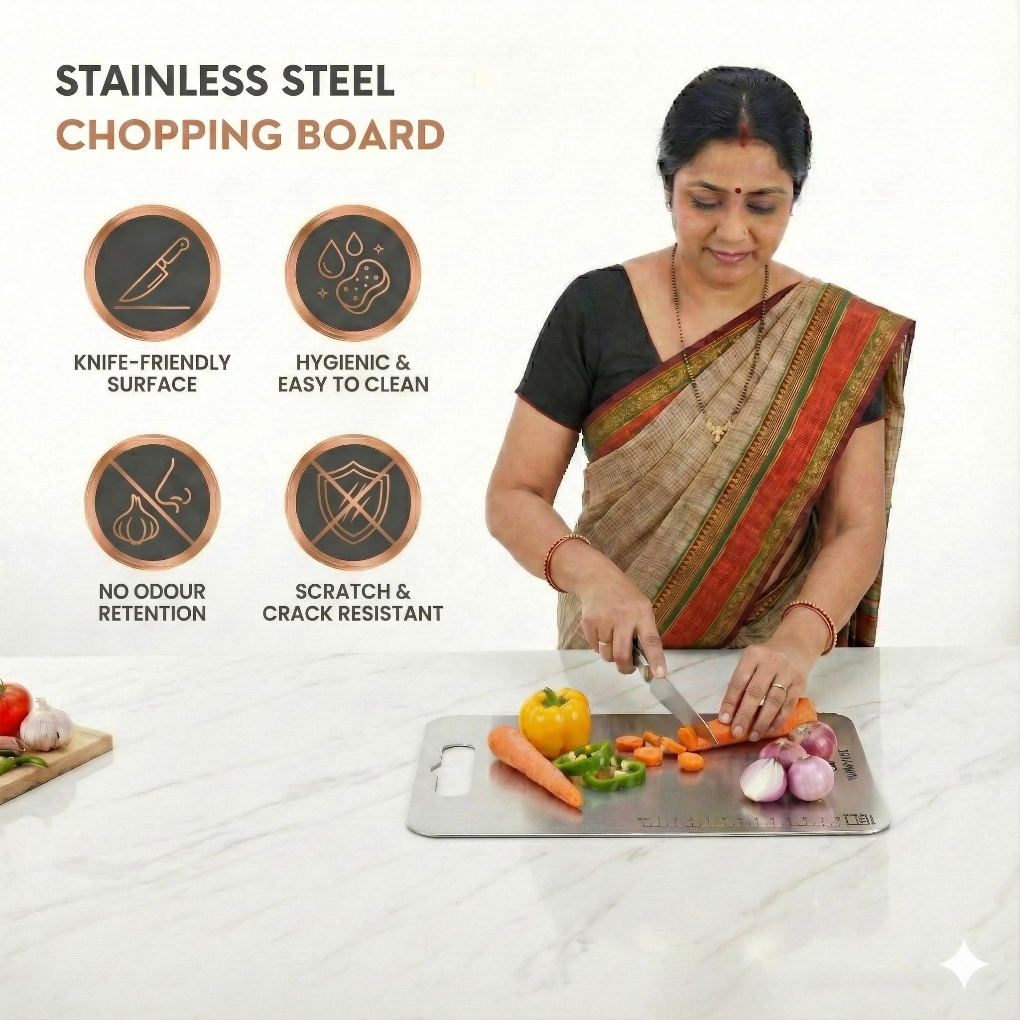 Human Hydro Stainless Steel Chopping Board (31 x 21CM) | Rust-Resistant, Anti-Bacterial & Scratch-Proof | Heavy-Duty Cutting Board for Vegetables, Fruits & Meat | Easy to Clean & Durable 1