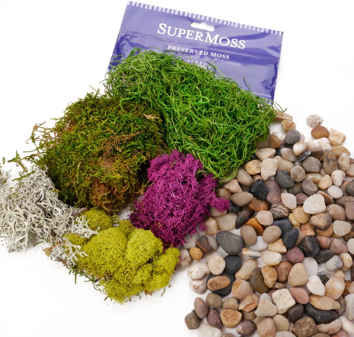 | Natural Decorative Bag of Mixed Pebbles | Small Rocks | Stones | with Colorful SuperMoss for Fairy Gardens, Air Plants, Cactus, Terrariums, Succulents and more.