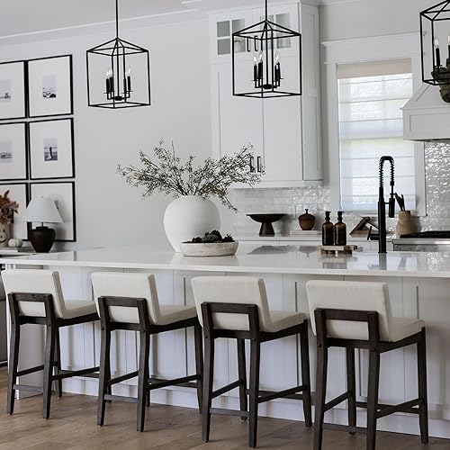 Miniatura 5 de Nathan James - Gracie - Moderno taburete alto con respaldo, silla alta tapizada con lino texturizado natural y patas de madera cepillada -