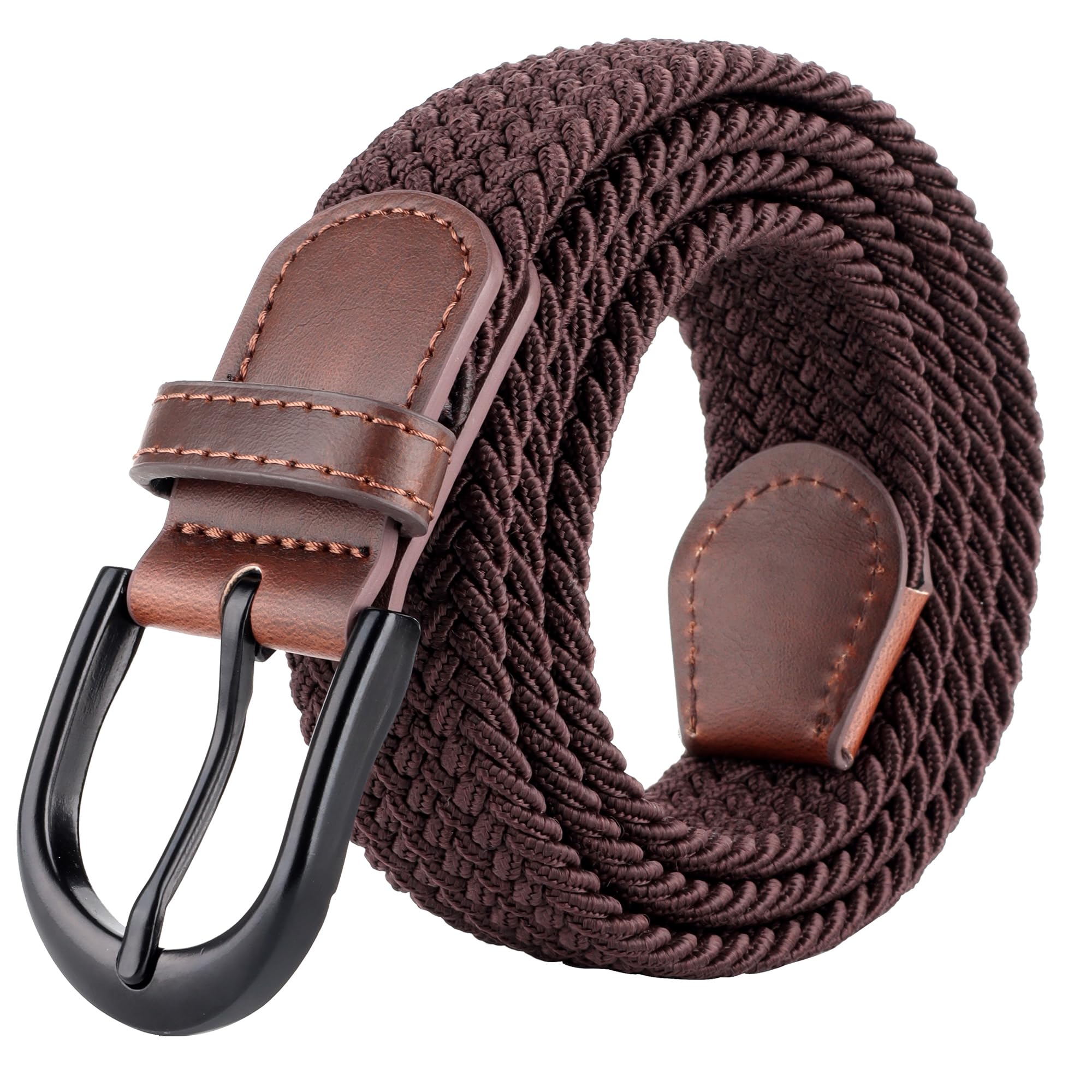 Mile High Life | Braided Stretch Elastic Belts | Pin Oval Solid Black Belt Buckle | PU Loop End Tip Men/Women/Junior(Brown, XXX-Large)