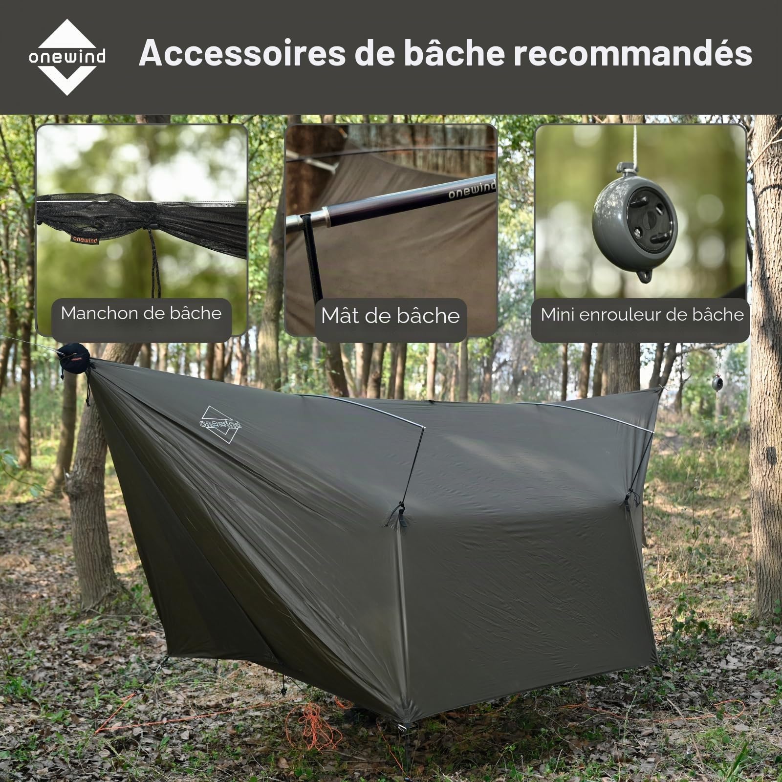 onewind Bâche de hamac de 3,7 m, légère et imperméable en silnylon, bâche de camping polyvalente avec portes et accessoires complets, facile à installer avec sac de rangement, piquets de tente, gris