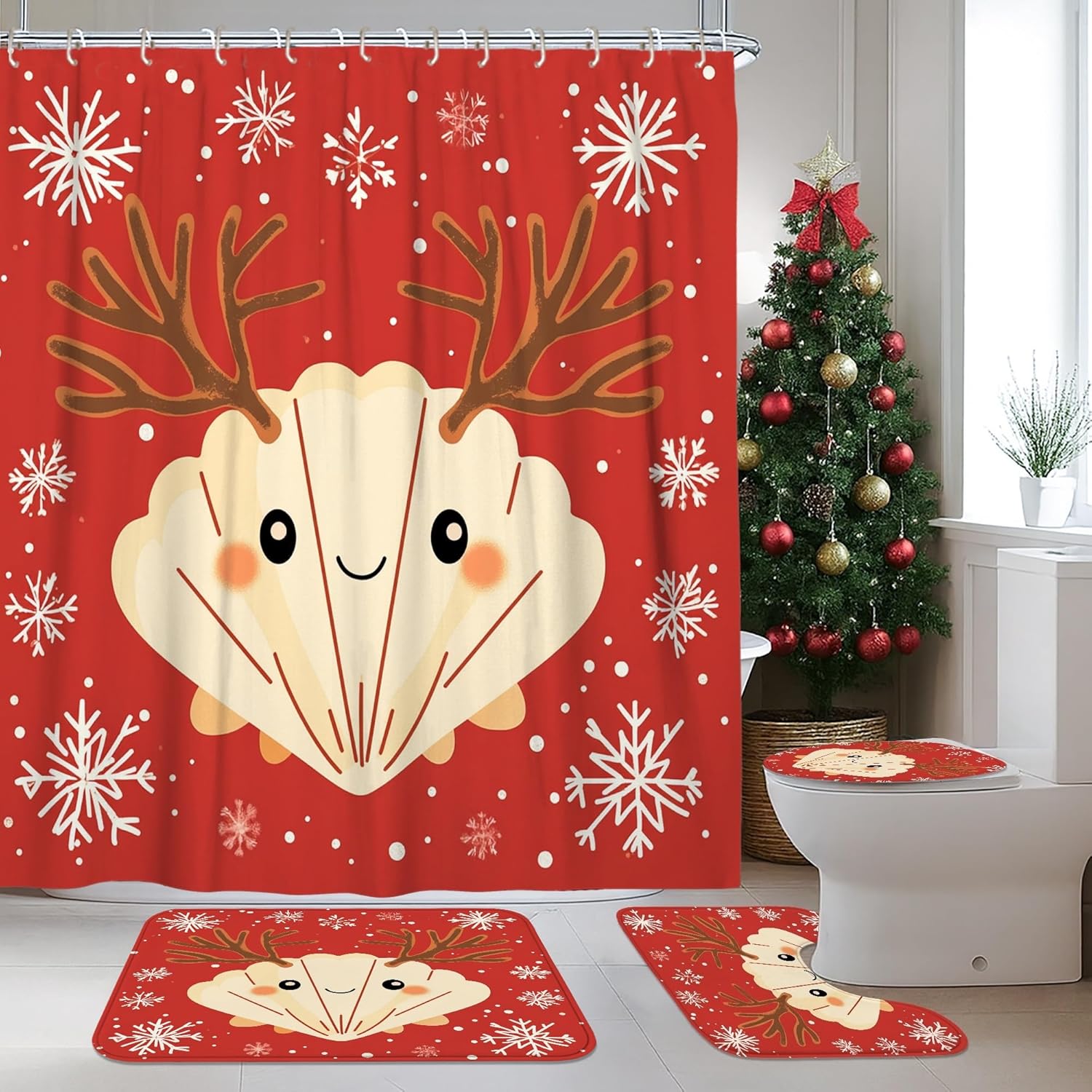 4PCS Kid Beach Christmas Shell Bathroom Accessory Sets with Non-Slip Rug, U Shape Toilet Lid Cover Mat, Cartoon Fun Coastal Xmas Bathroom Decoration 72''x72''