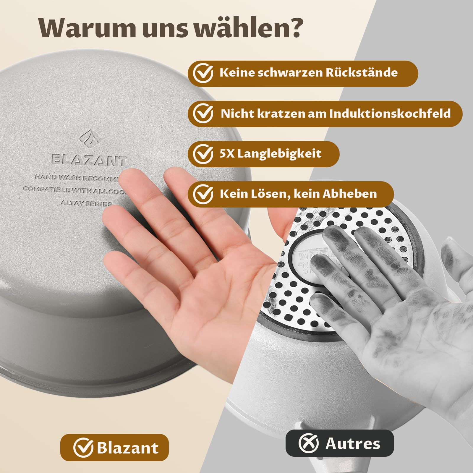 BLAZANT Topfset Induktion, Antihaft Keramik Töpfe mit abnehmbarem Griff | Kochtopf-Set für alle Herdarten, Molekular-Induktionsboden, PTFE/PFOA-frei, platzsparend für Camping & RV, 2 Universaldeckel
