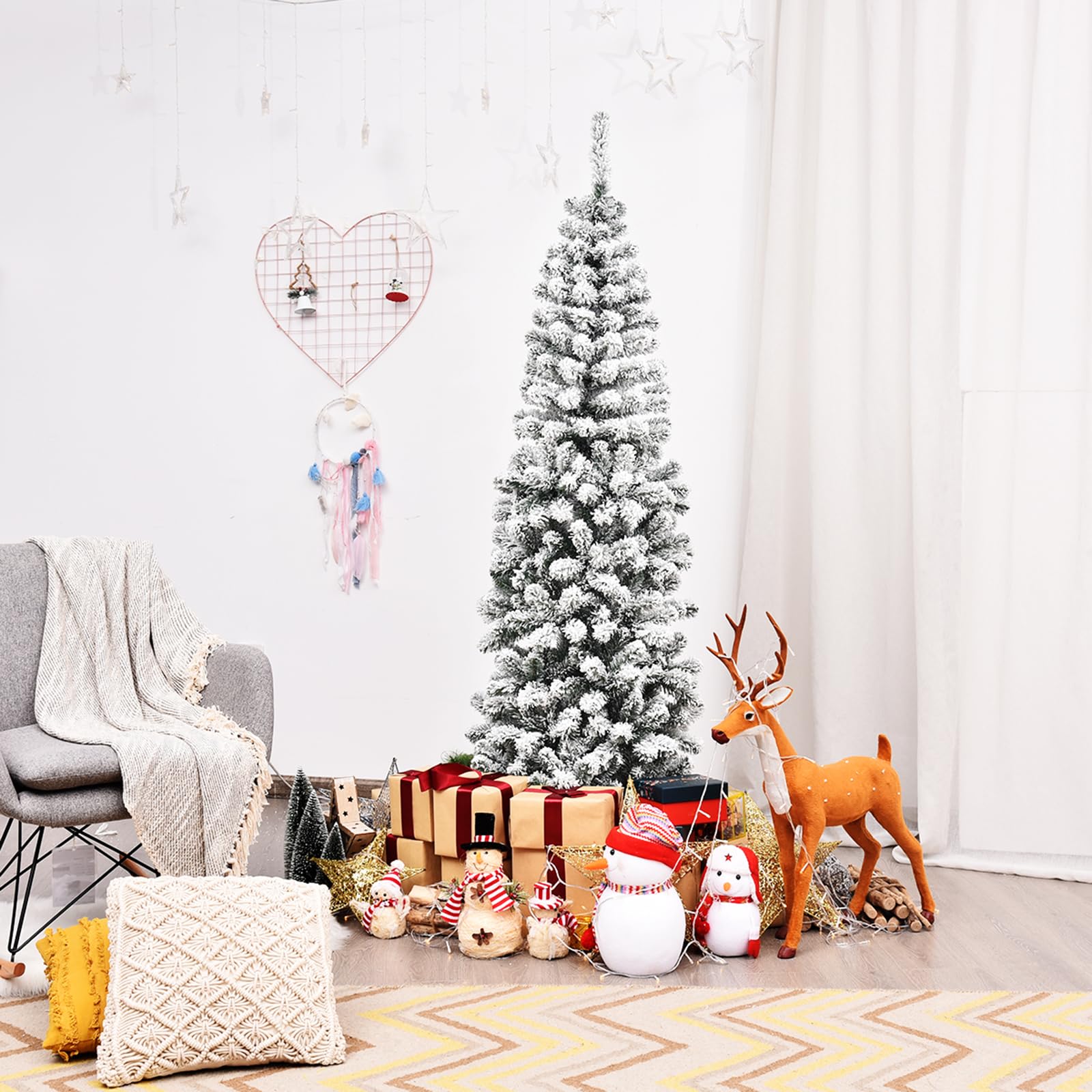 COSTWAY Albero di Natale Innevato 140/180/225 cm, Albero di Natale Artificiale Slim con 242/500/641 Rami Realistici e Folti e Base Pieghevole di Metallo, Apertura a Ombrello (180 cm)