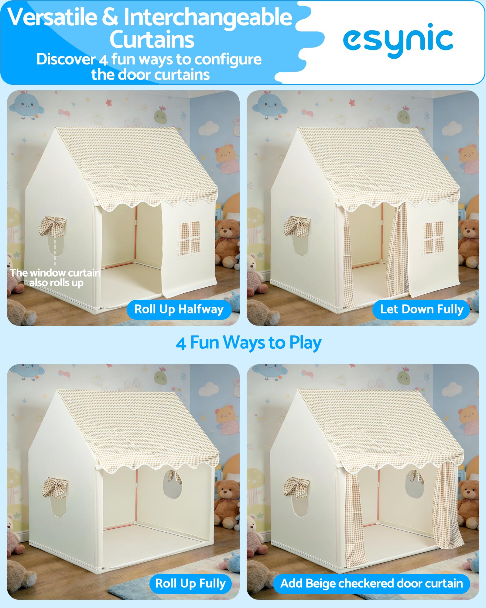 eSynic Tenda da Gioco per Bambini con Luci LED Decorative, Casetta Stanza di Attività Giochi con 2 Finestre per 2-3 Piccoli, Angolo da Lettura Studio, Facile da Montare - Beige a Quadri