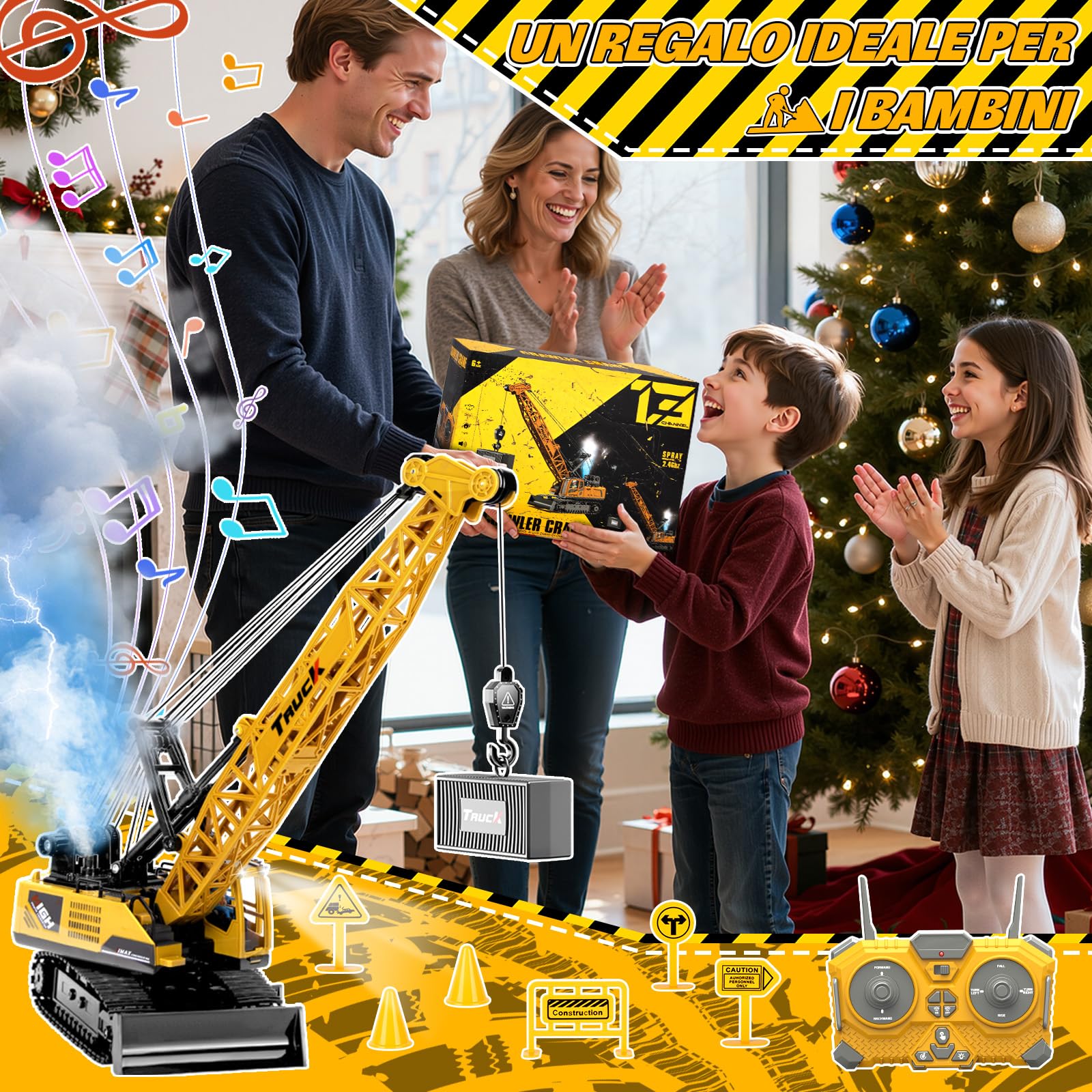 1:16 Gru Giocattolo per Bambini, 12 Canali Gru Telecomandata con Luci Effetti Sonori Spray, Grande Veicoli da Cantiere Grus RC Modello Regali per Bambini 6+ anni (Giallo)