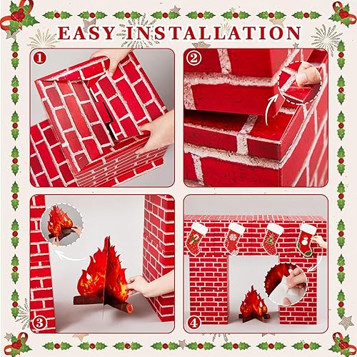 Miniatura 6 de Juego de 13 cajas de cartón de Navidad para decoración de chimenea, juego de cajas de cartón de ladrillo rojo artificial 3D, chimenea, fogata falsa,