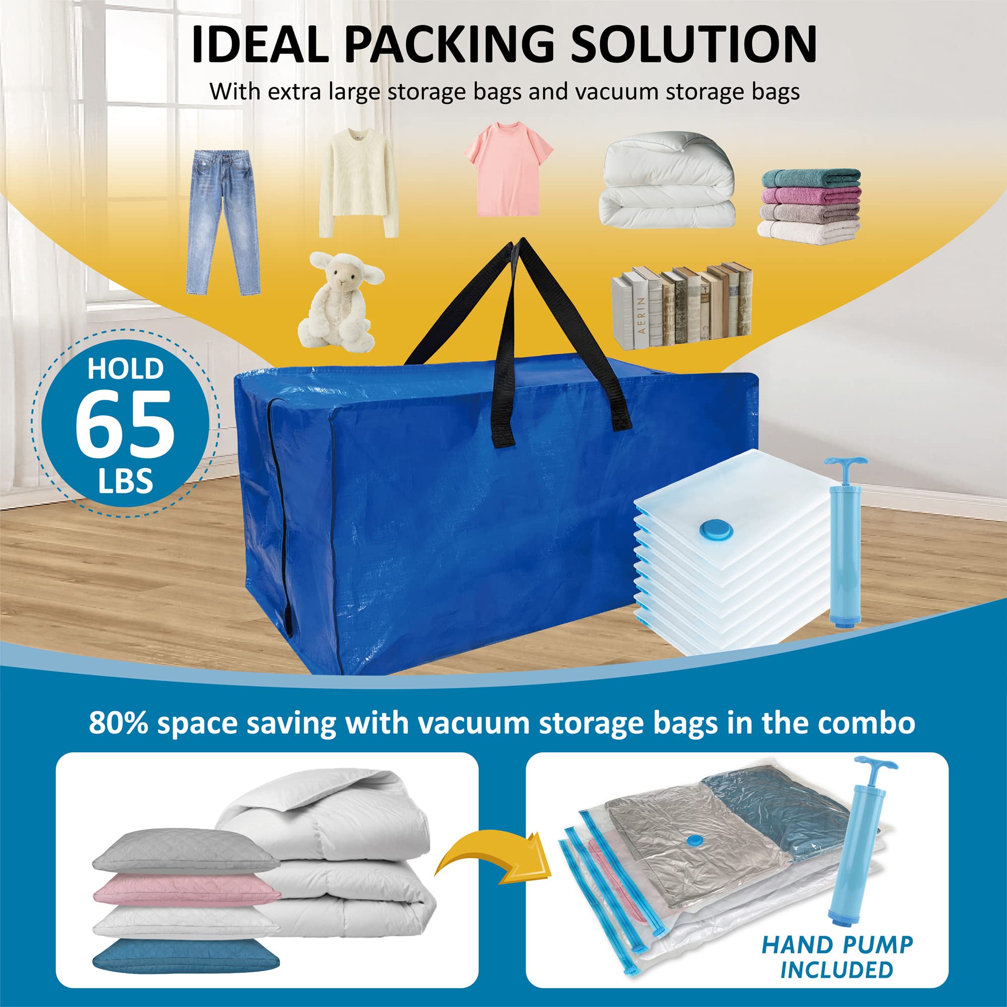 Confezione da 16 sacchetti per trasloco resistenti, extra large, con cinghie per zaino e grandi sacchetti sottovuoto, con manici e cerniere per risparmiare spazio, pieghevoli, include sacchetti