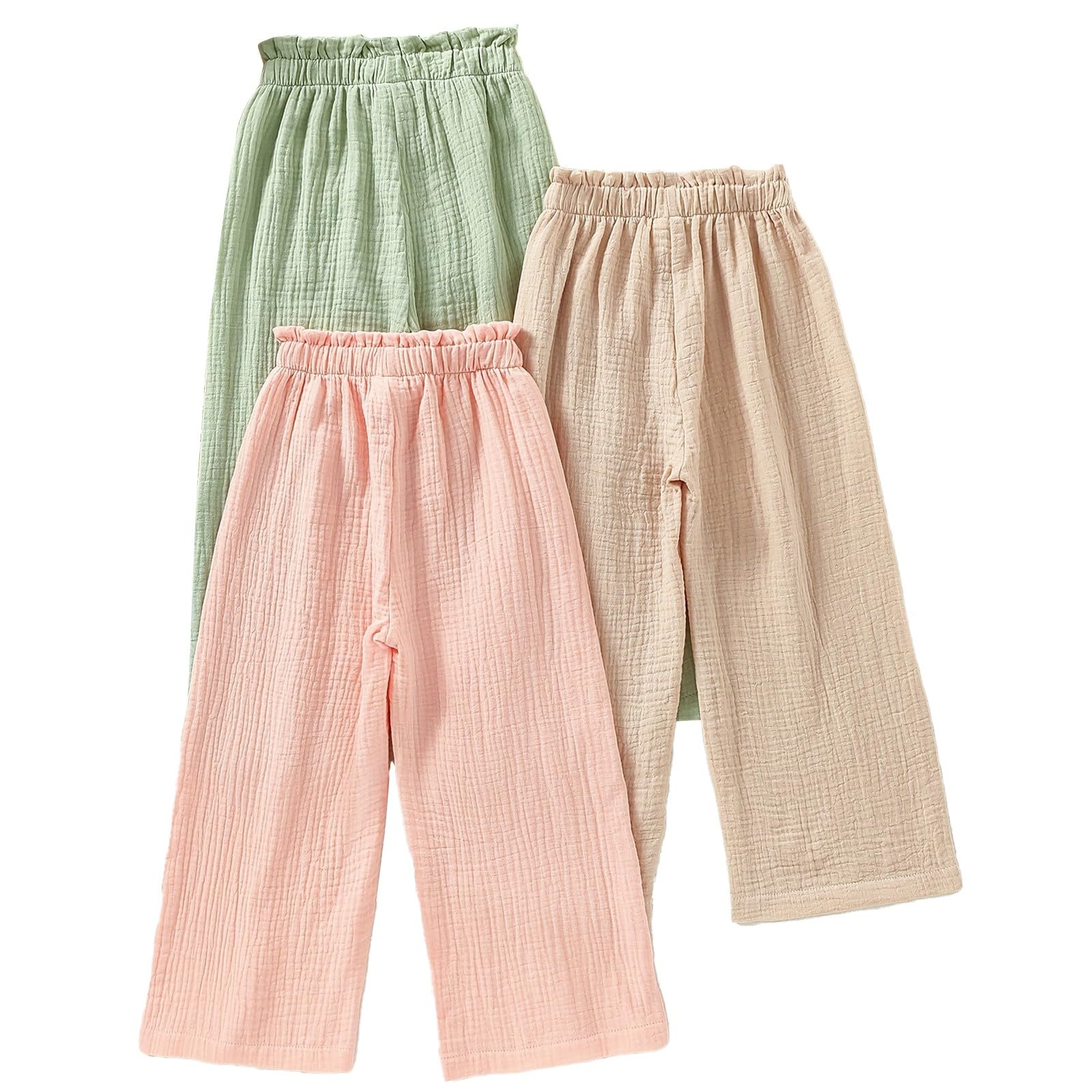 Lot de 3 pantalons d'été en lin pour filles - Jambes larges - Pantalon ample léger - Palazzo - Pour adolescentes - Décontracté - Couleur unie - Élastique - Taille haute - Pour enfants