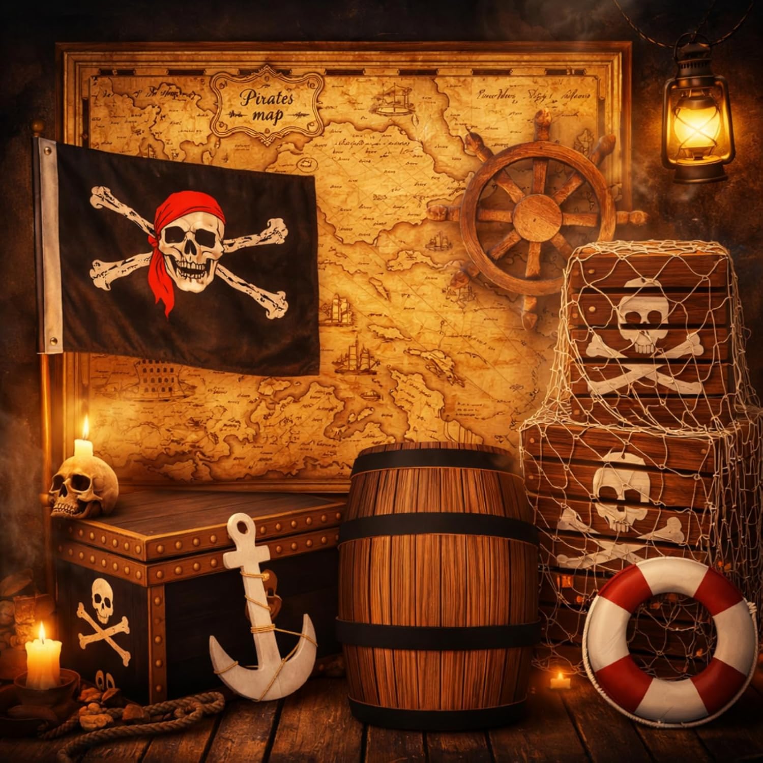 10 Pcs Pirate Party Decorations Imitation Treasure Chest Box Map Fishing Net Adventure Ocean Pirate Party Favors for Sea Sailing Birthday Photo Booth Props