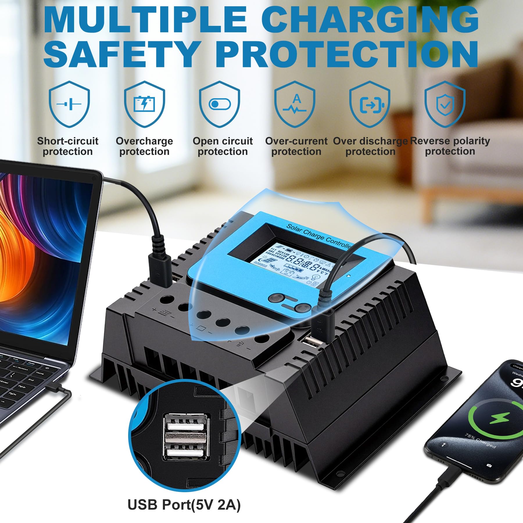 80A Regolatore di Carica Solare Con Bluetooth, PWM 80A Regolatore Carica Solare con Sensore Temperatura, LCD Display, 4 USB porte, Adatto varie 12V 24V 36V 48V Piombo e Litio Batterie