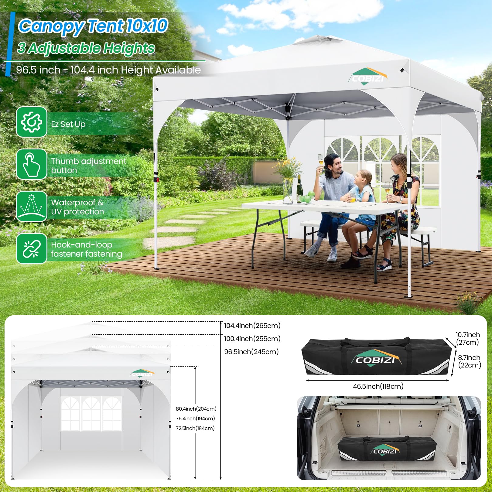COBIZI Pavillon 3x3 Wasserdicht Stabil Winterfest Faltpavillon Gartenpavillon Partyzelt Pop Up Pavillon Klappbar UV Schutz 50+ Höhenverstellbar mit Entlüftung & 3 Stoffstücken&4 Sandsäcke，Weiß