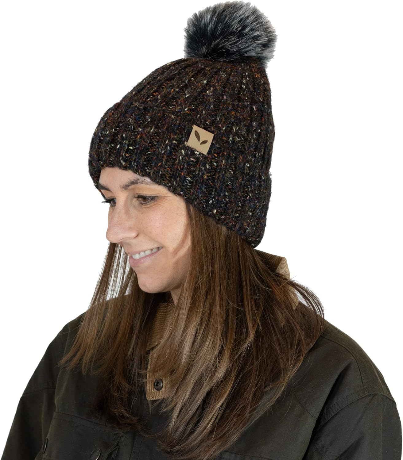 Sprigs Chunky Knit Faux Fur Lined Speckle Beanie with Faux Fur Pom Pom | Womens Pom Pom Hat Winter Beanie