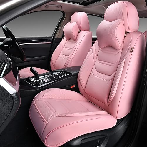 Fundas de asiento delantero de coche color rosa con reposacabezas, cuero transpirable, 1 par de ajuste universal para sedanes, SUV, camiones disponible en Yaxa Peru
