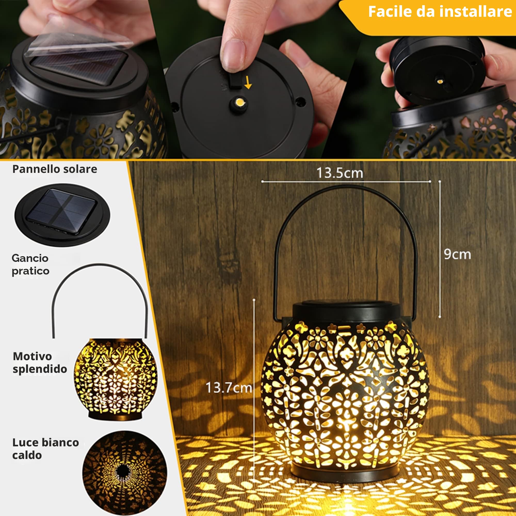 PhilzOps Lanterna Solare da Esterno, 2 Pezzi Lampada Solare da Giardino IP65 Impermeabile LED Luce Retro Illuminazione per Esterni Patio Giardino Balcone Terrazza Festa Decorazione, Bianco Caldo