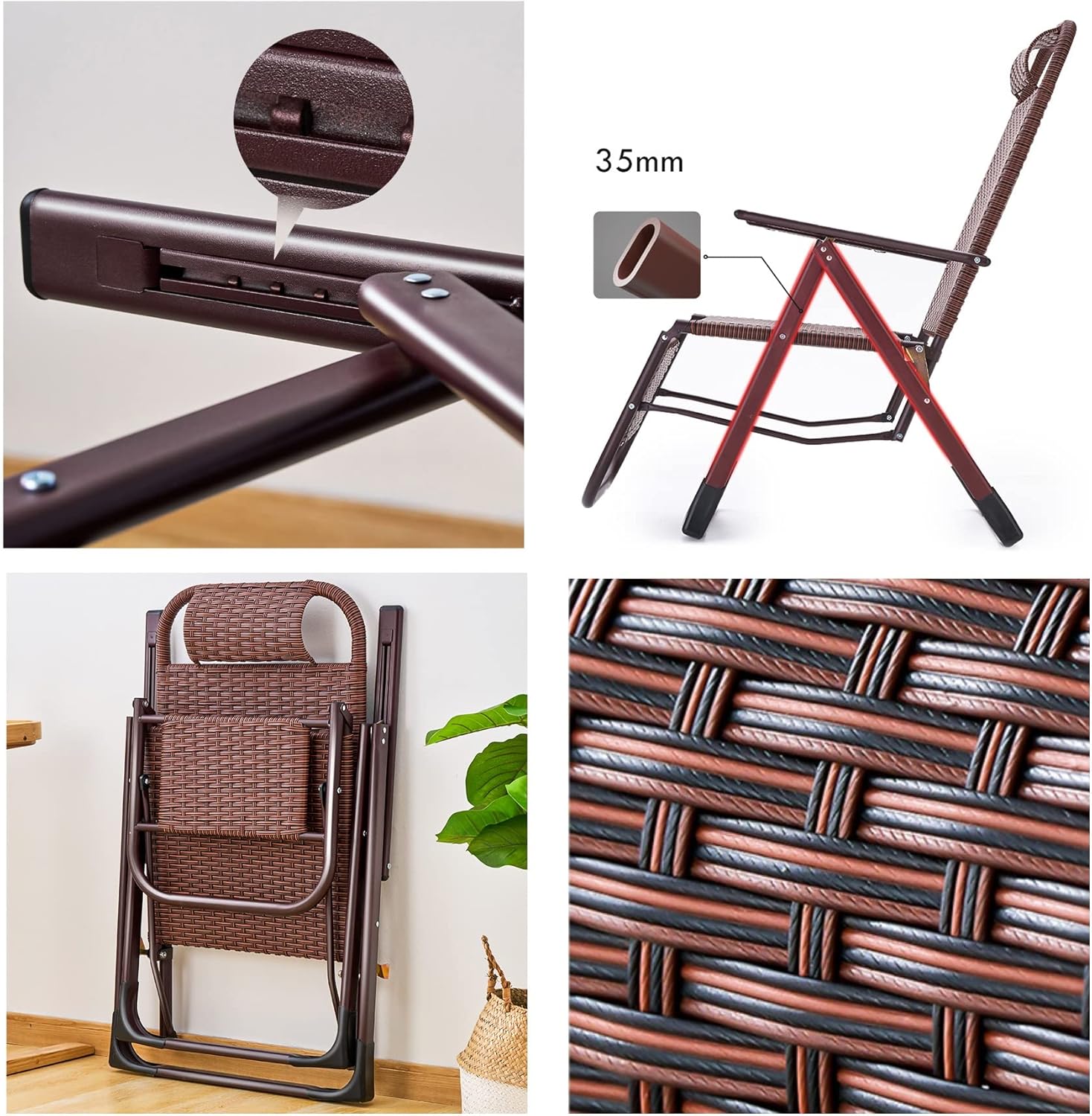 Outdoor Sun Lounger Adjustable Folding Chaise Reclining Lounge Chairs Zero Gravity with Pillow Portable for Pool Beach Patio Lawn Camping Steel Frame and Woven Rattan (Color : Svart)