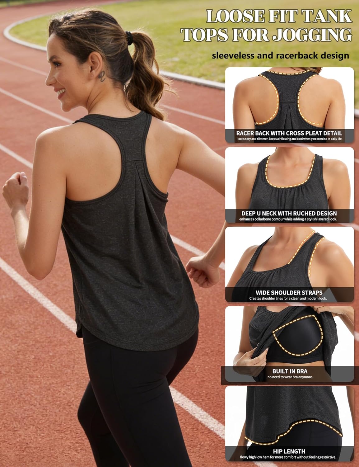 SLIMBELLE Built in Bra Workout Tank for Women Athletic Yoga Gym Tennis Sport Cami Shirt Racer Back Crewneck Loose Fit Top