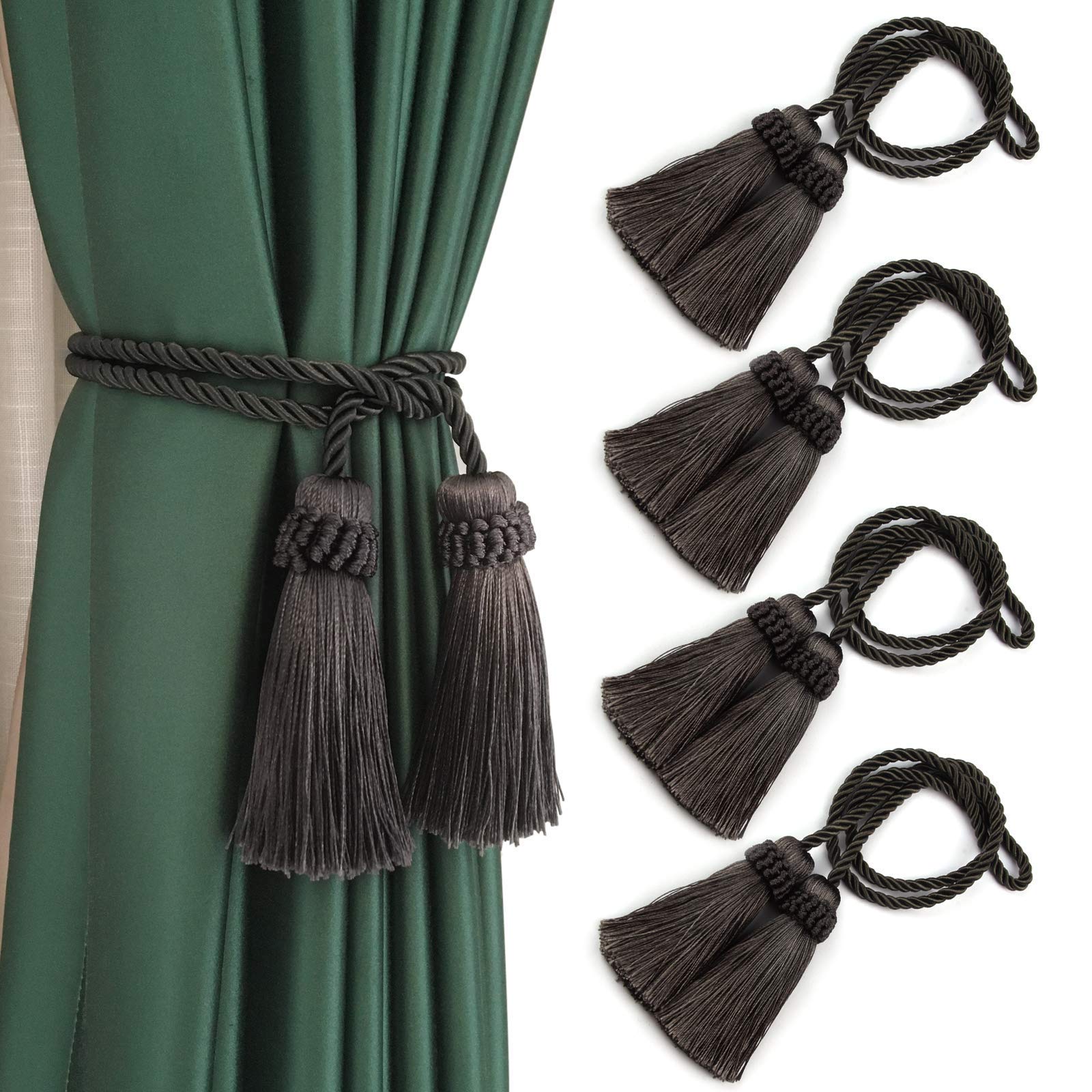 Fenghuangwu 2/4 Pack Curtain Tiebacks Handmade Decorative Curtain Holdbacks Rope with Tassel (Charcoal - 4P) โ image 1
