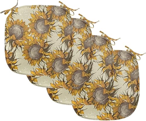 Lunarable Juego de 4 cojines florales para asiento de silla, girasoles de tono oscuro con efectos de boceto, imagen temática de la hora de cosecha,